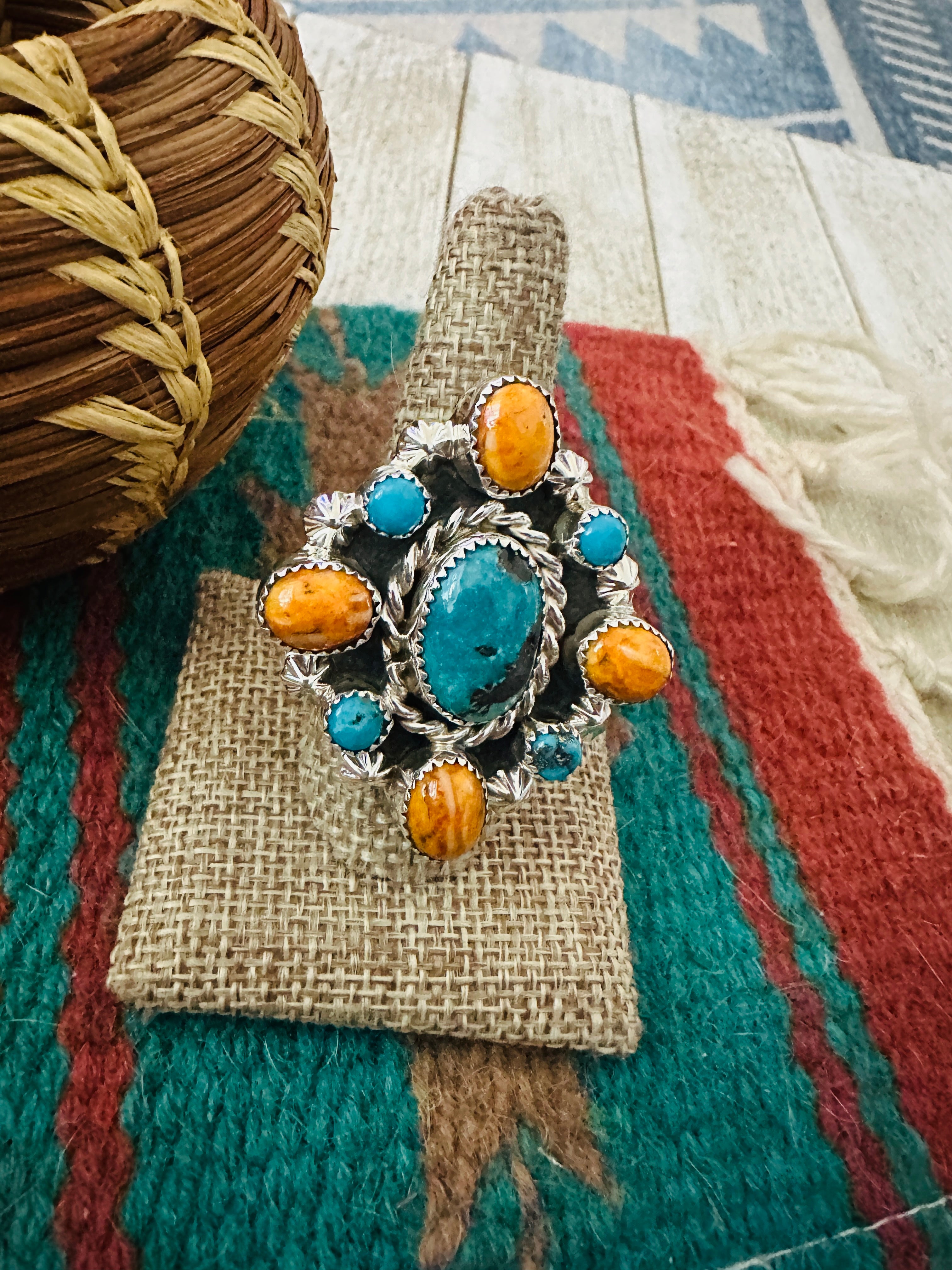 Handcrafted Turquoise, Spiny & Sterling Silver Cluster Ring size 9.5