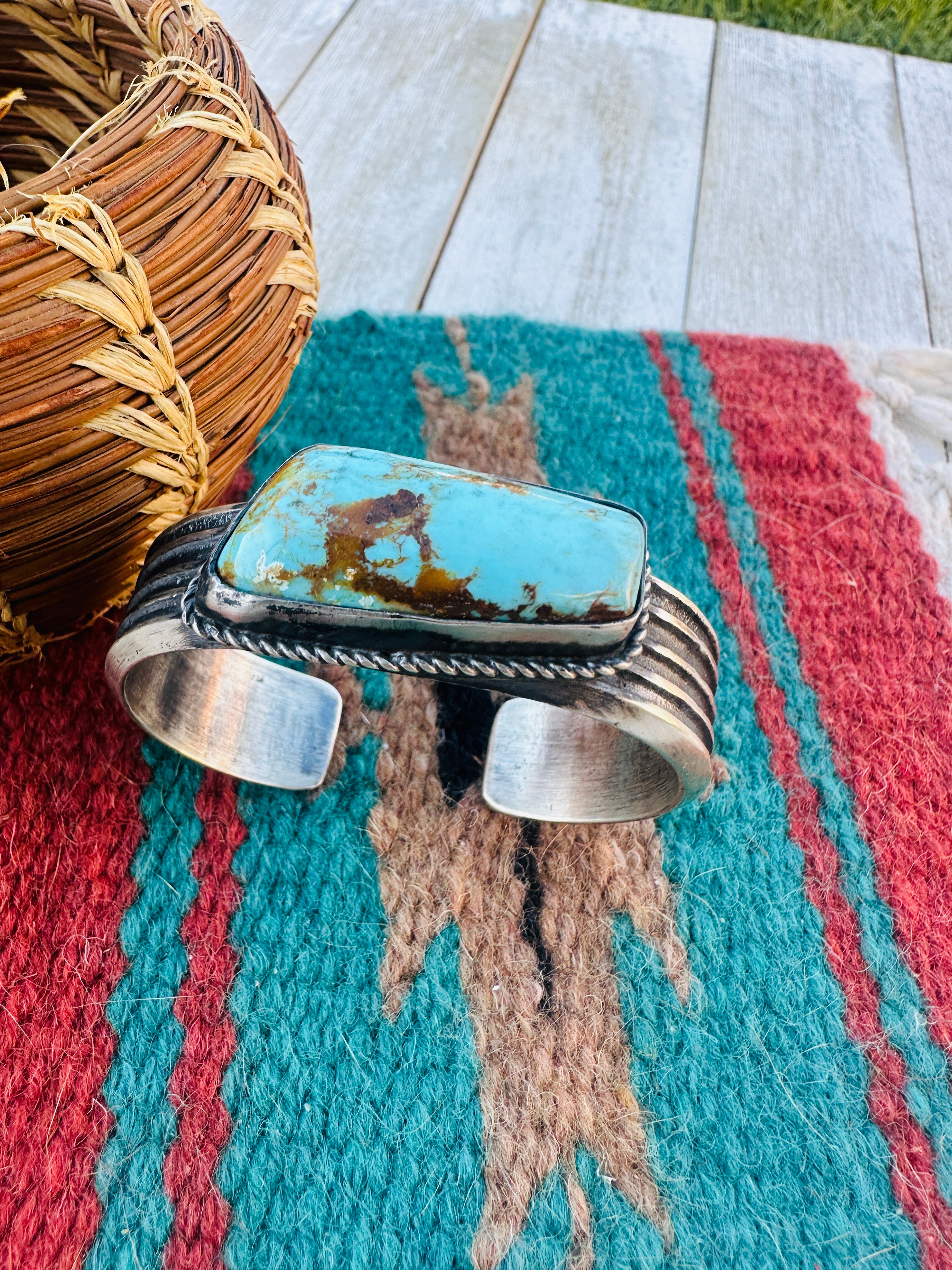 Handcrafted Old Pawn Sterling Silver & Turquoise Cuff Bracelet by Chimney Butte