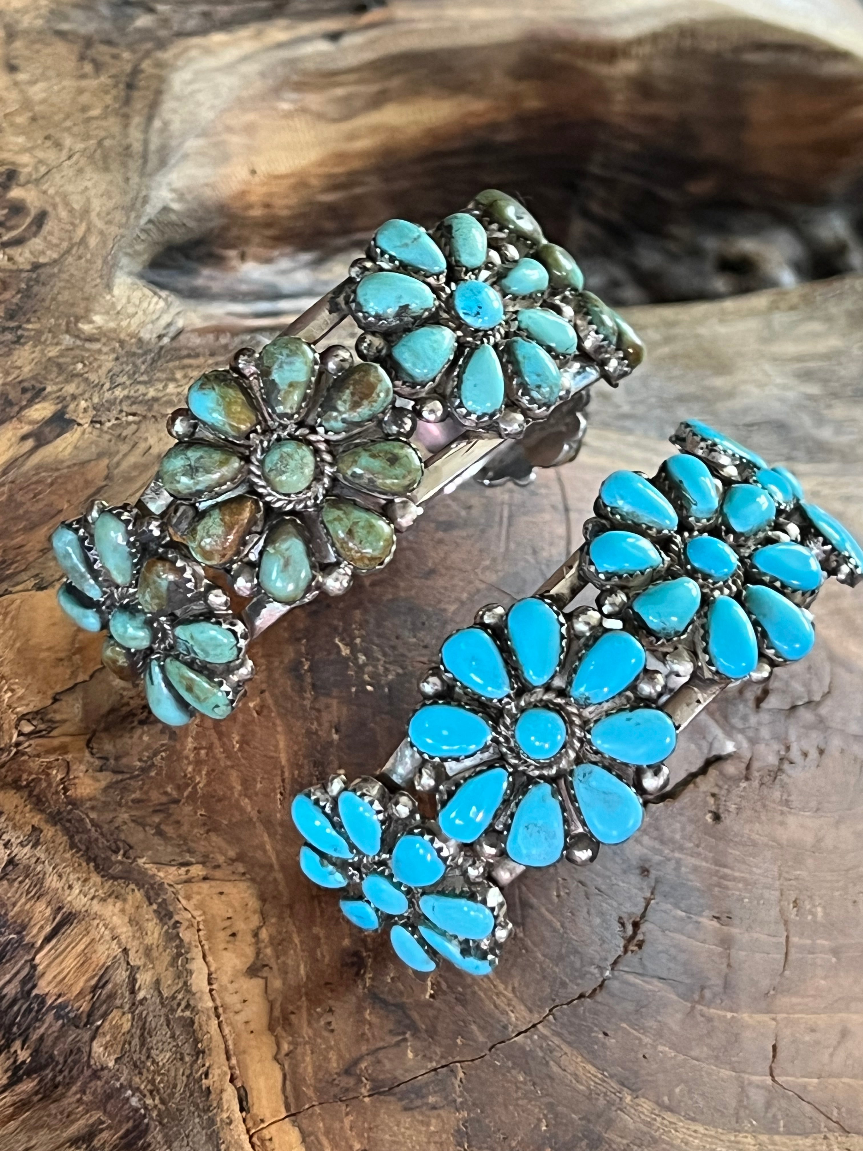 Handcrafted Old Pawn Sterling Silver and Mixed Turquoise Daisy Cluster Cuff Bracelet, Signed MA /