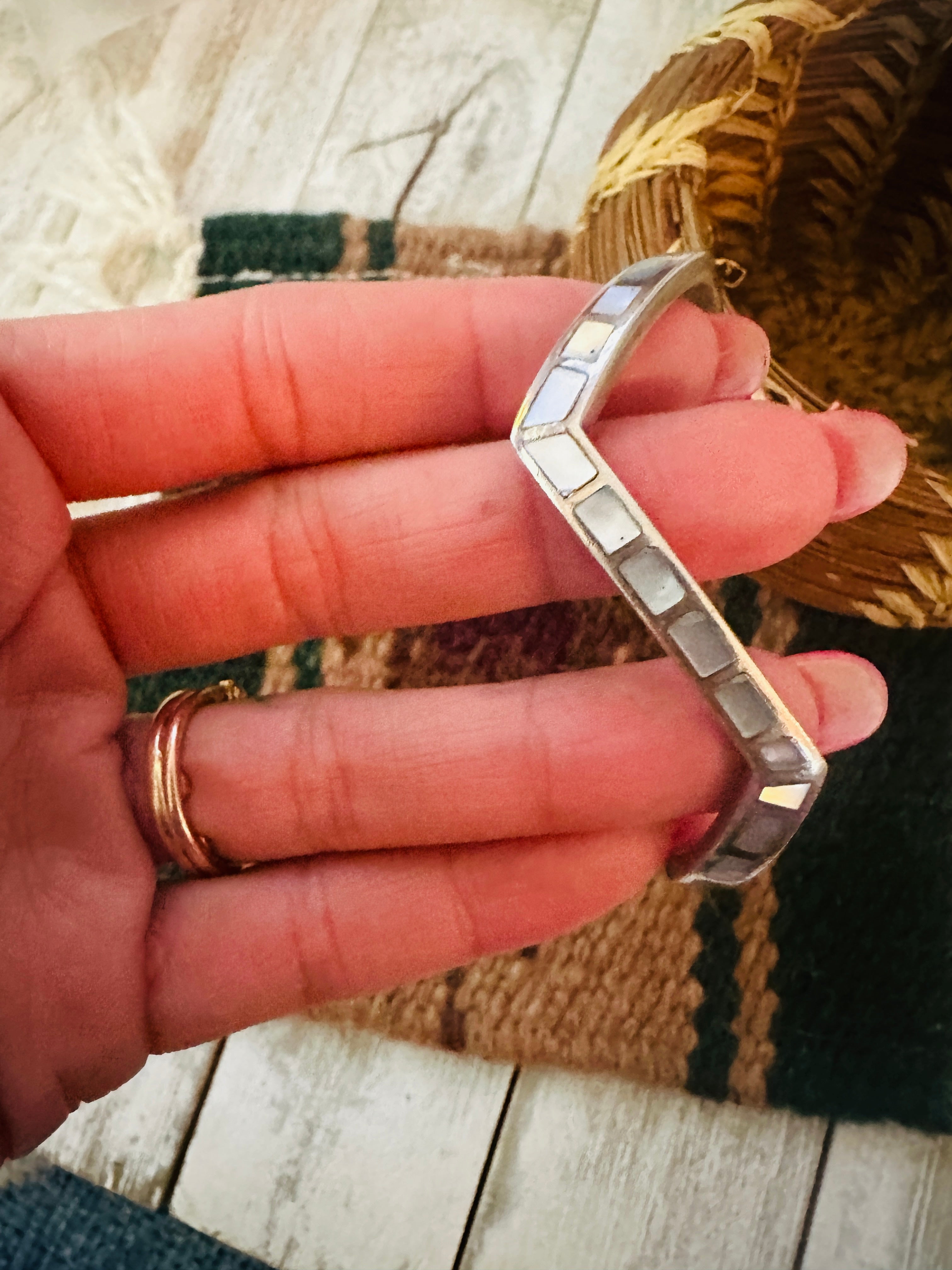 Handcrafted Old Pawn Mother of Pearl & Sterling Silver Inlay Cuff Bracelet /