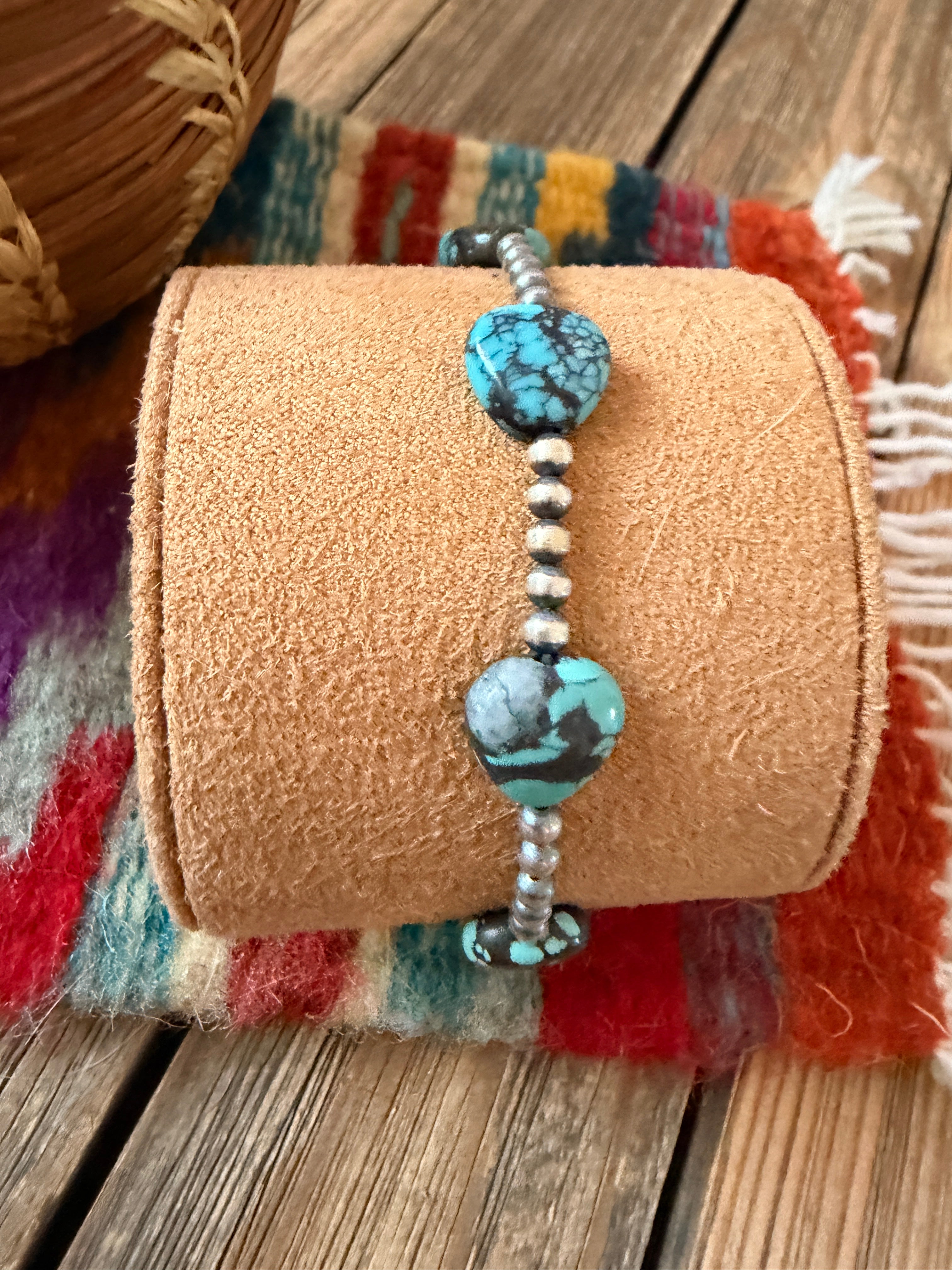 Handcrafted Turquoise & Sterling Silver Beaded Stretch Bracelet