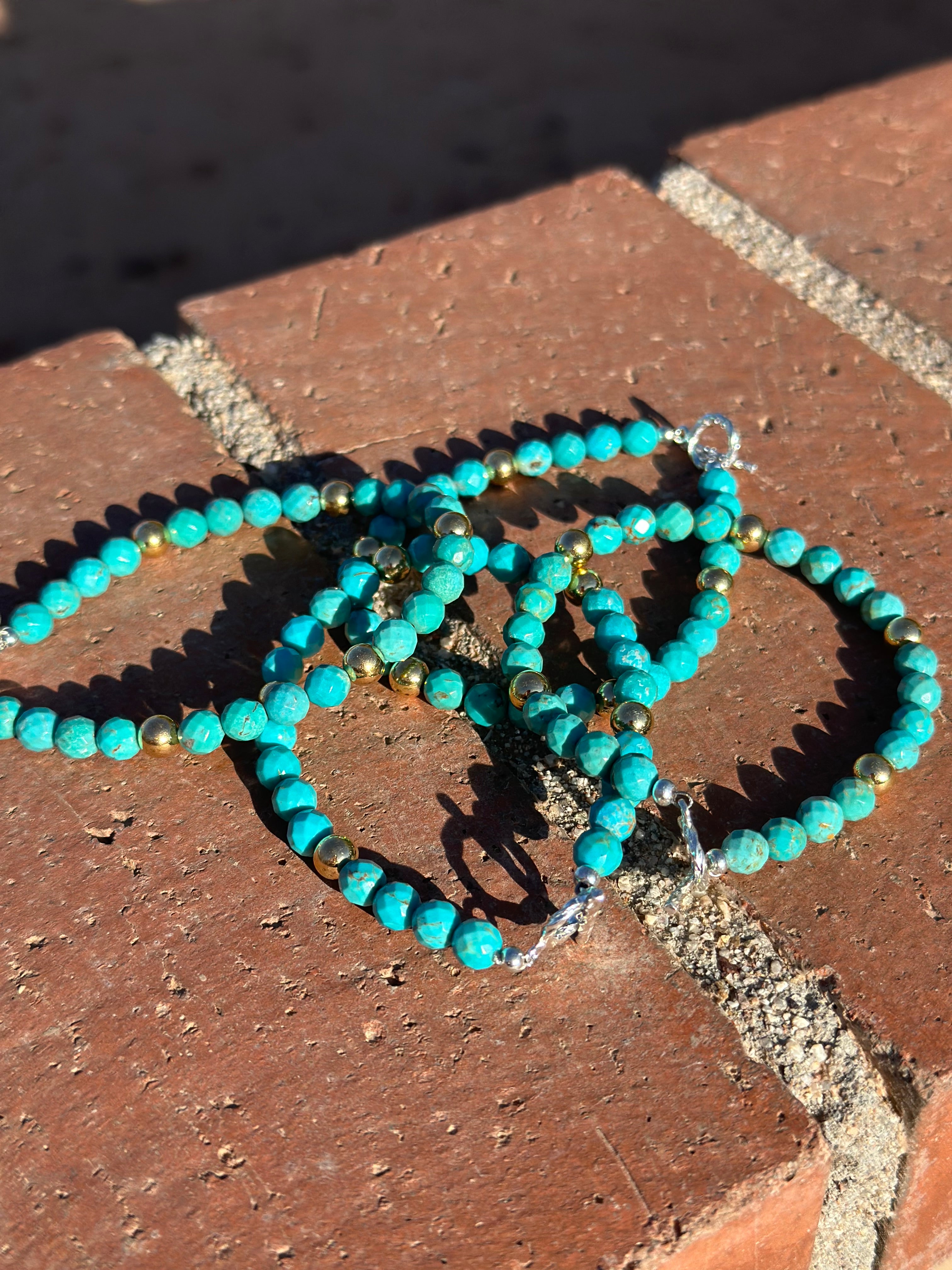 Handcrafted Sterling Silver with 14kt Gold Overlay Kingman Turquoise Beaded Bracelet