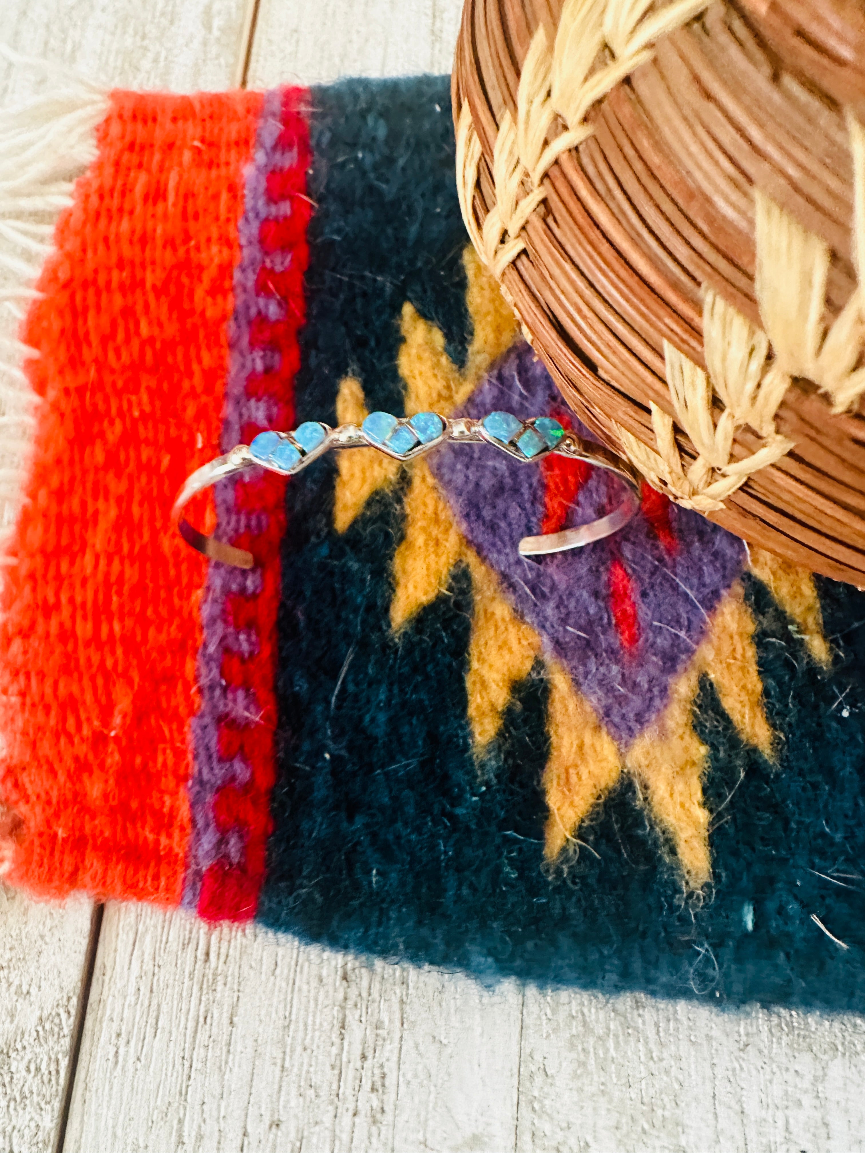 Sterling Silver & Blue Opal Heart Baby Cuff Bracelet /