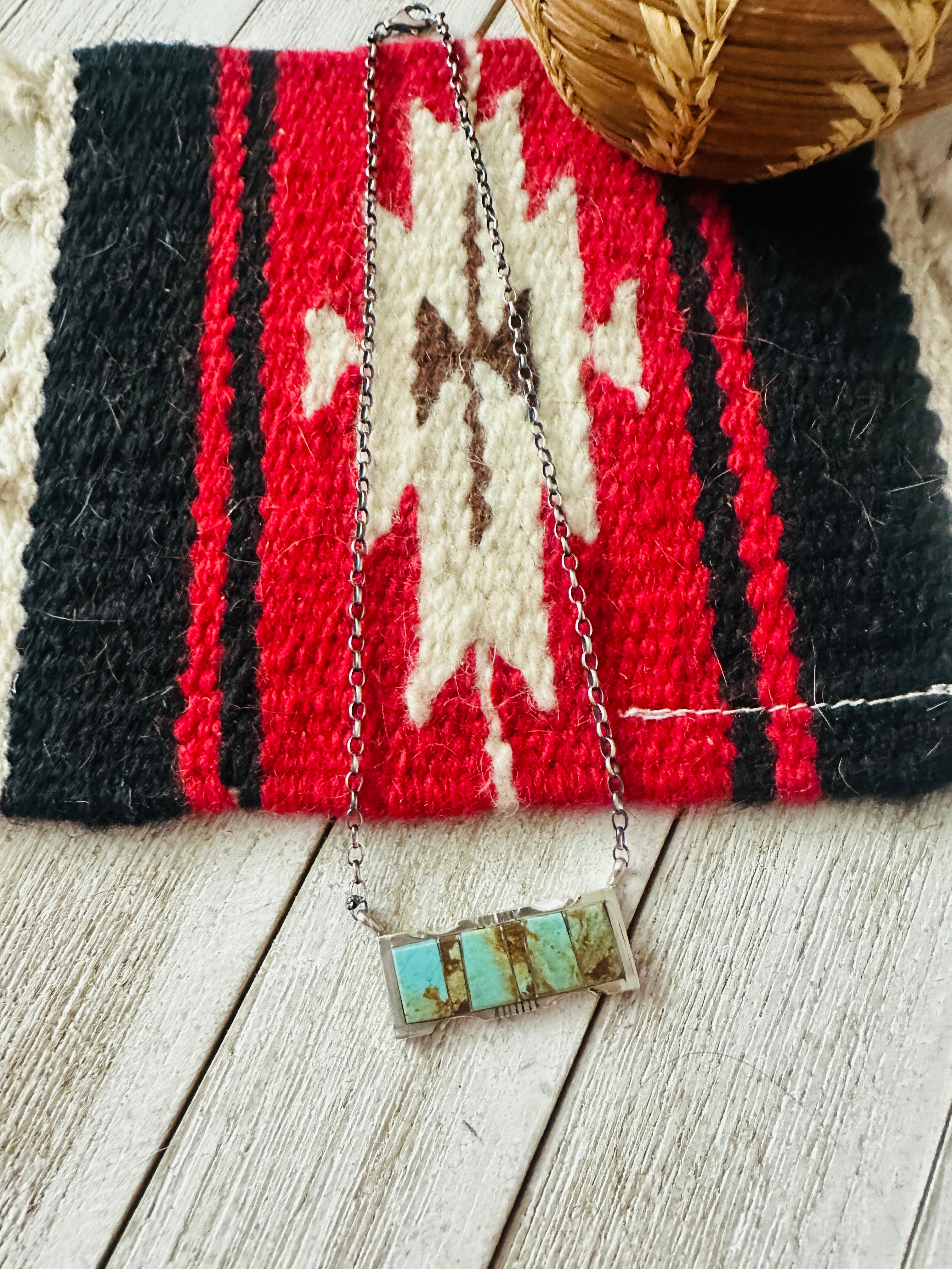 Navajo Turquoise & Sterling Silver Inlay Bar Necklace