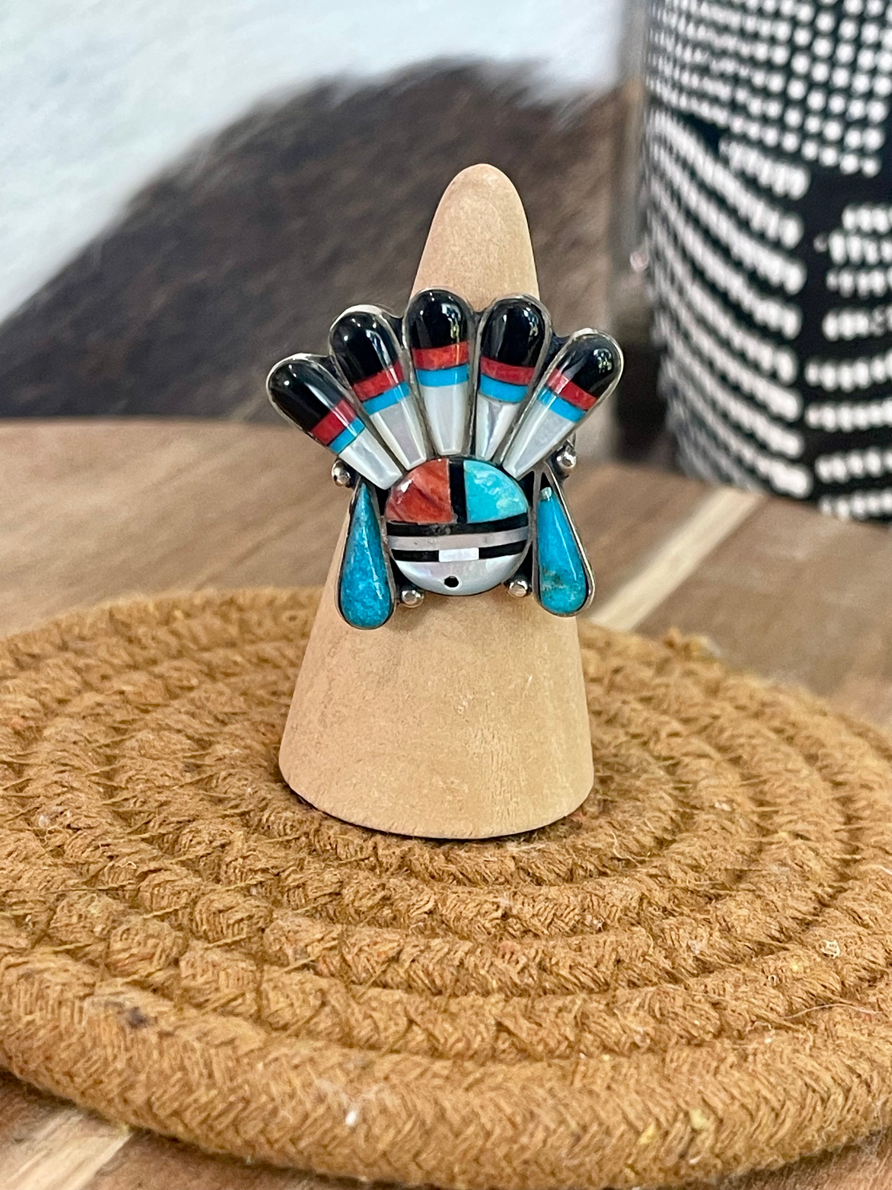 Handmade Sterling Silver & Multi Stone Sunface Adjustable Ring