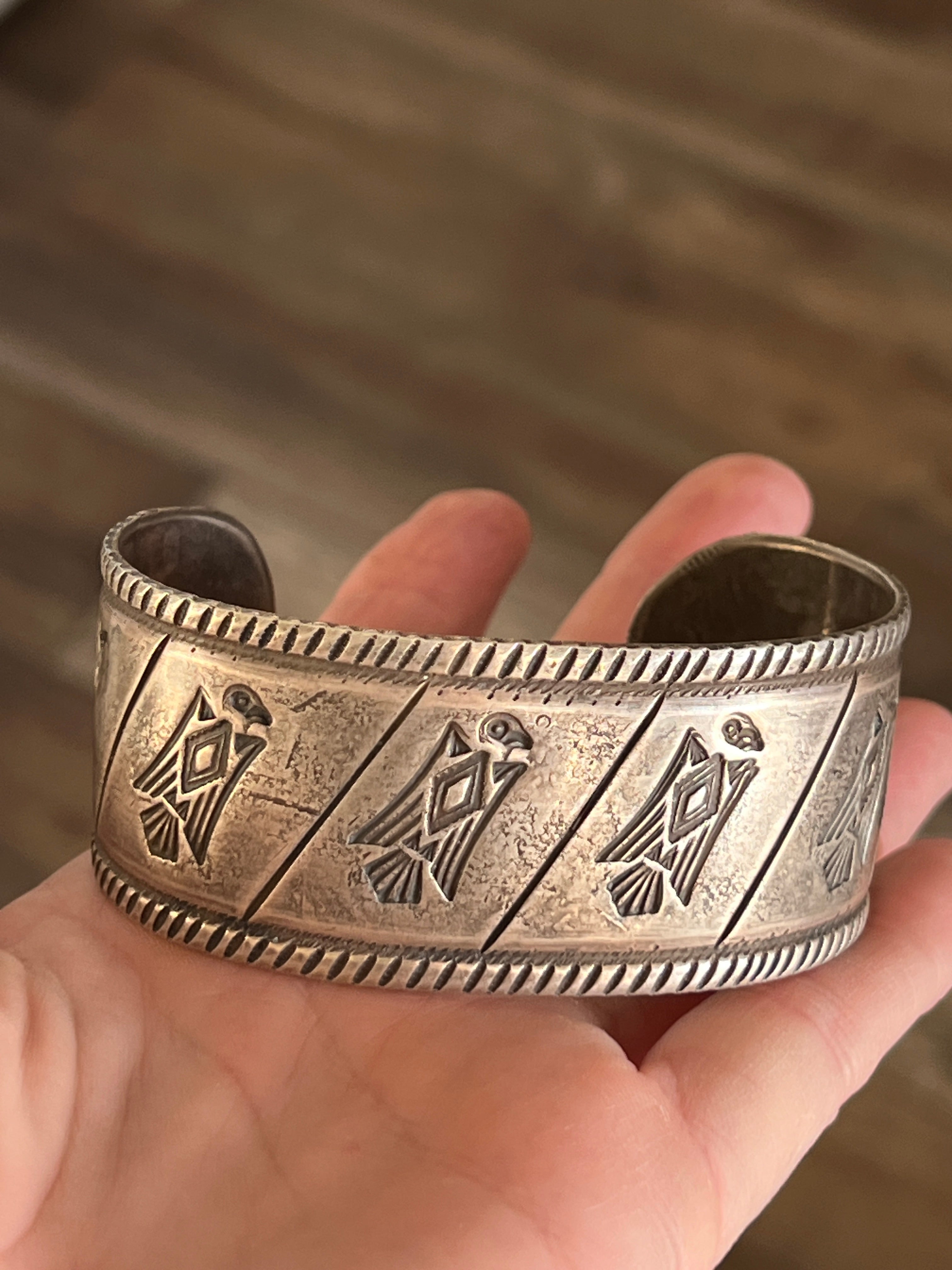 Handcrafted & Hand Forged Old Pawn Sterling Silver Ingot Cuff Bracelet by Santa Fe Artist, Buffalo: The Birds