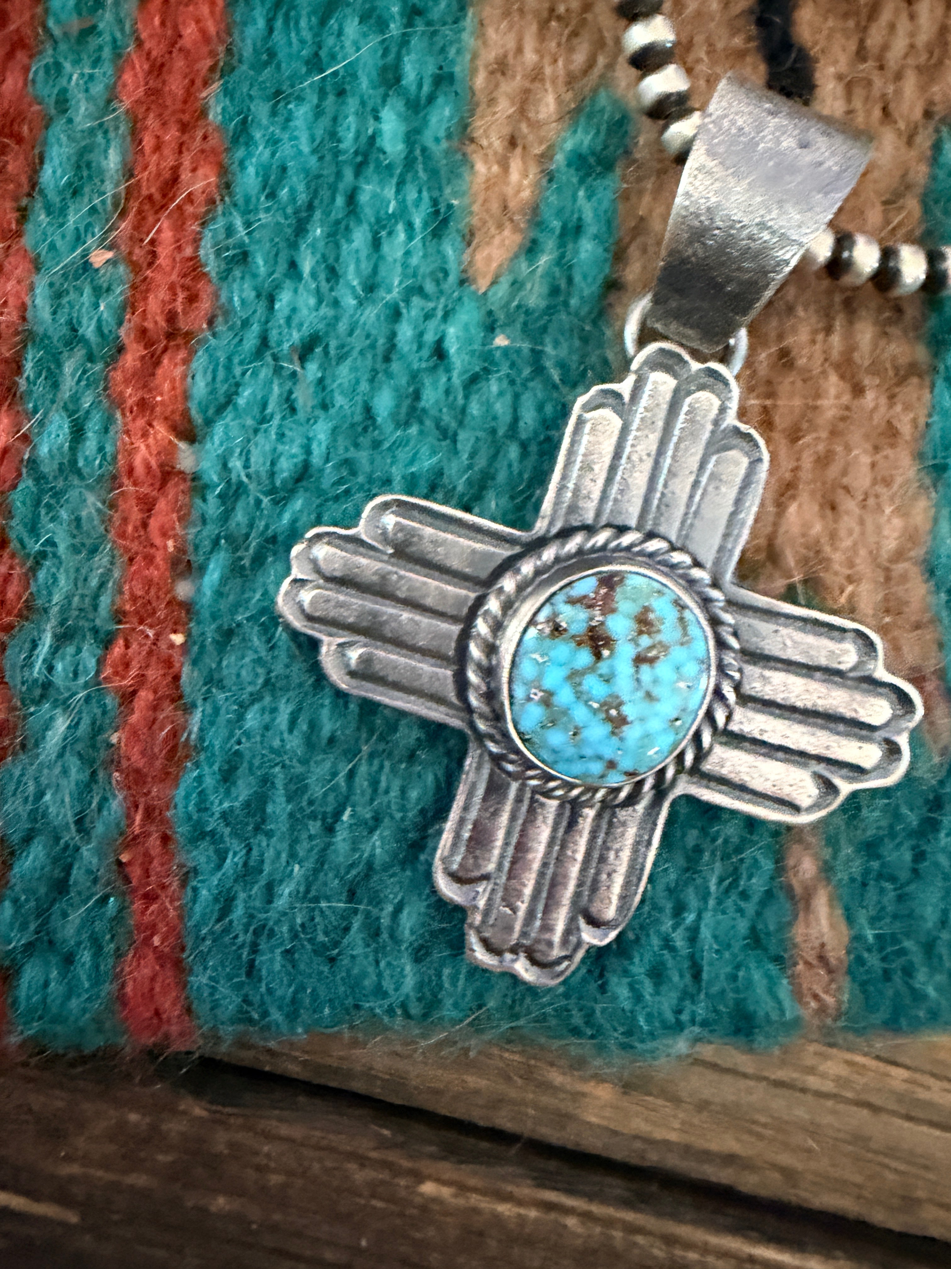 Handcrafted Sterling Silver & Turquoise Zia Cross Pendant by Kevin Billah