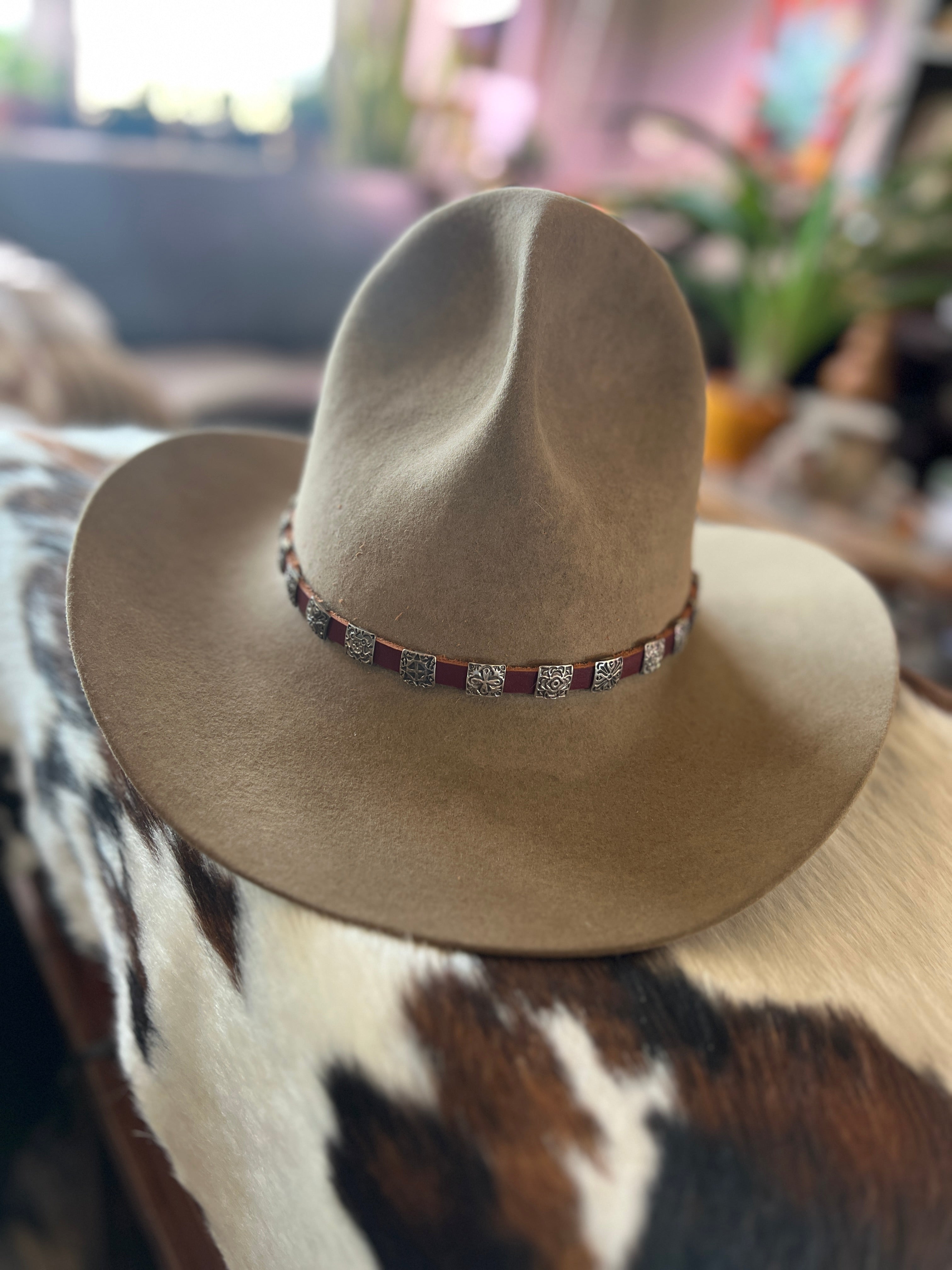 Leather and Sterling Silver Concho Slide Hat Band, Mahogany Leather