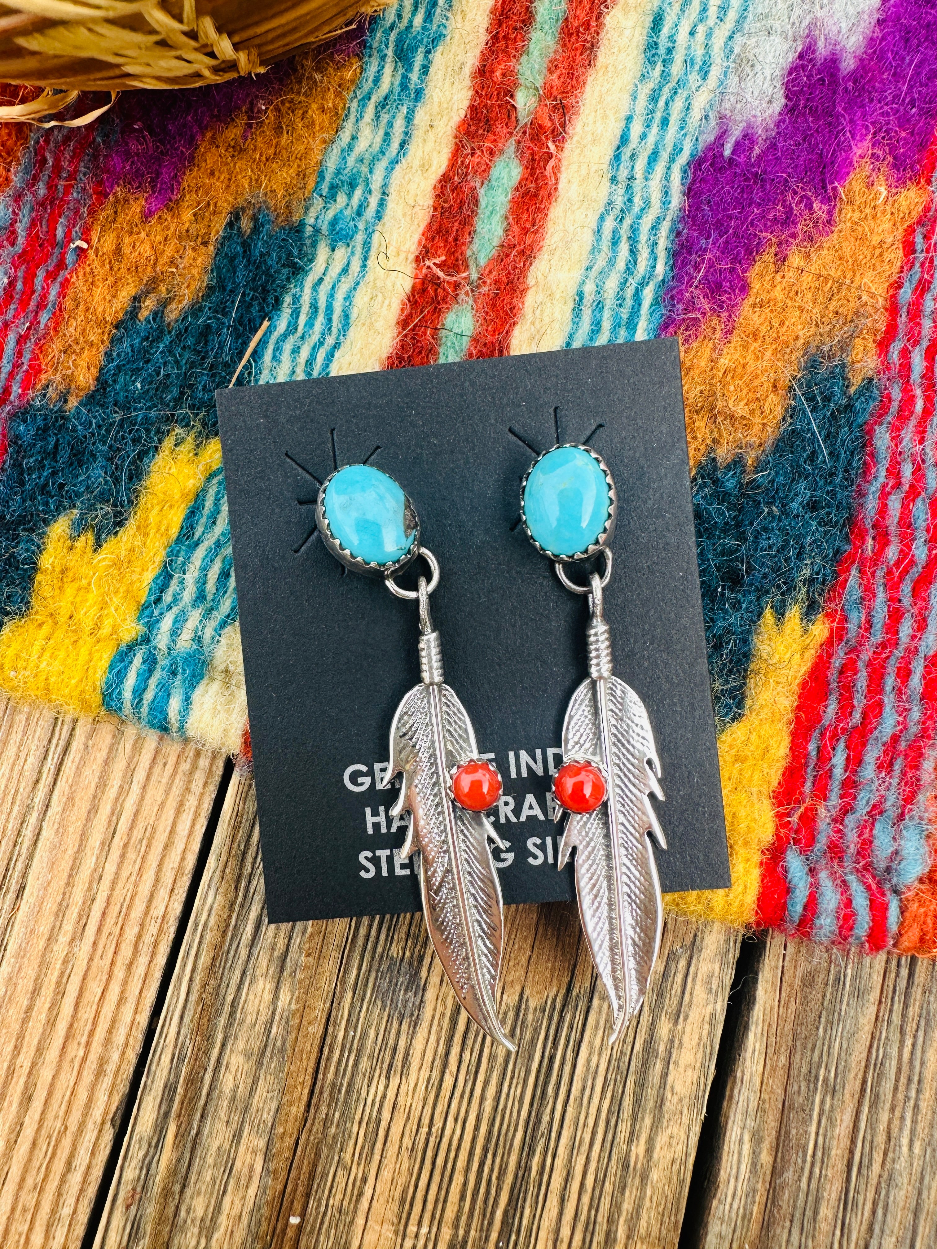 Handcrafted Turquoise, Coral & Sterling Silver Feather Dangle Earrings