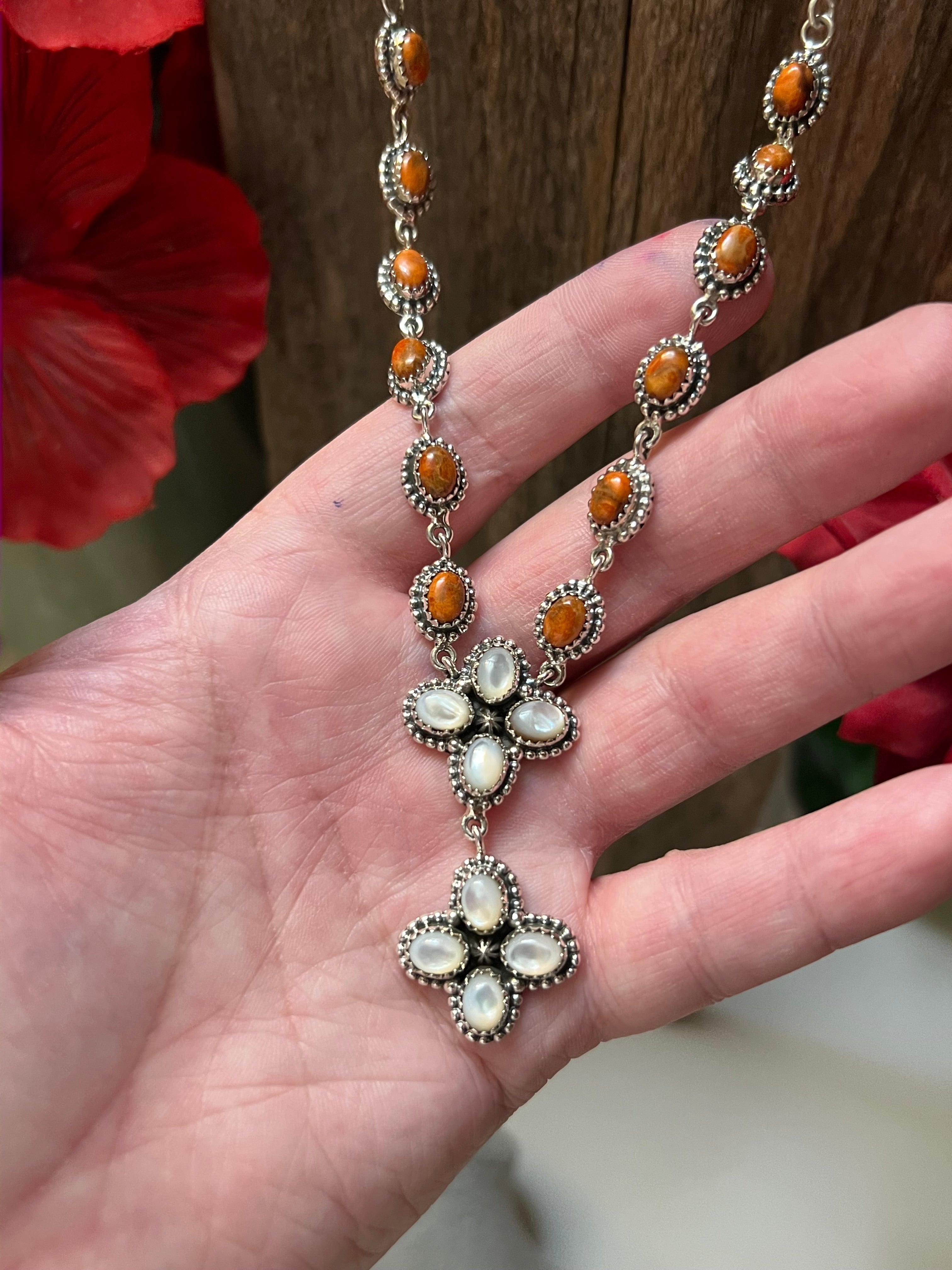 Handmade Sterling Silver, Spiny Orange & Mother of Pearl Lariat Necklace
