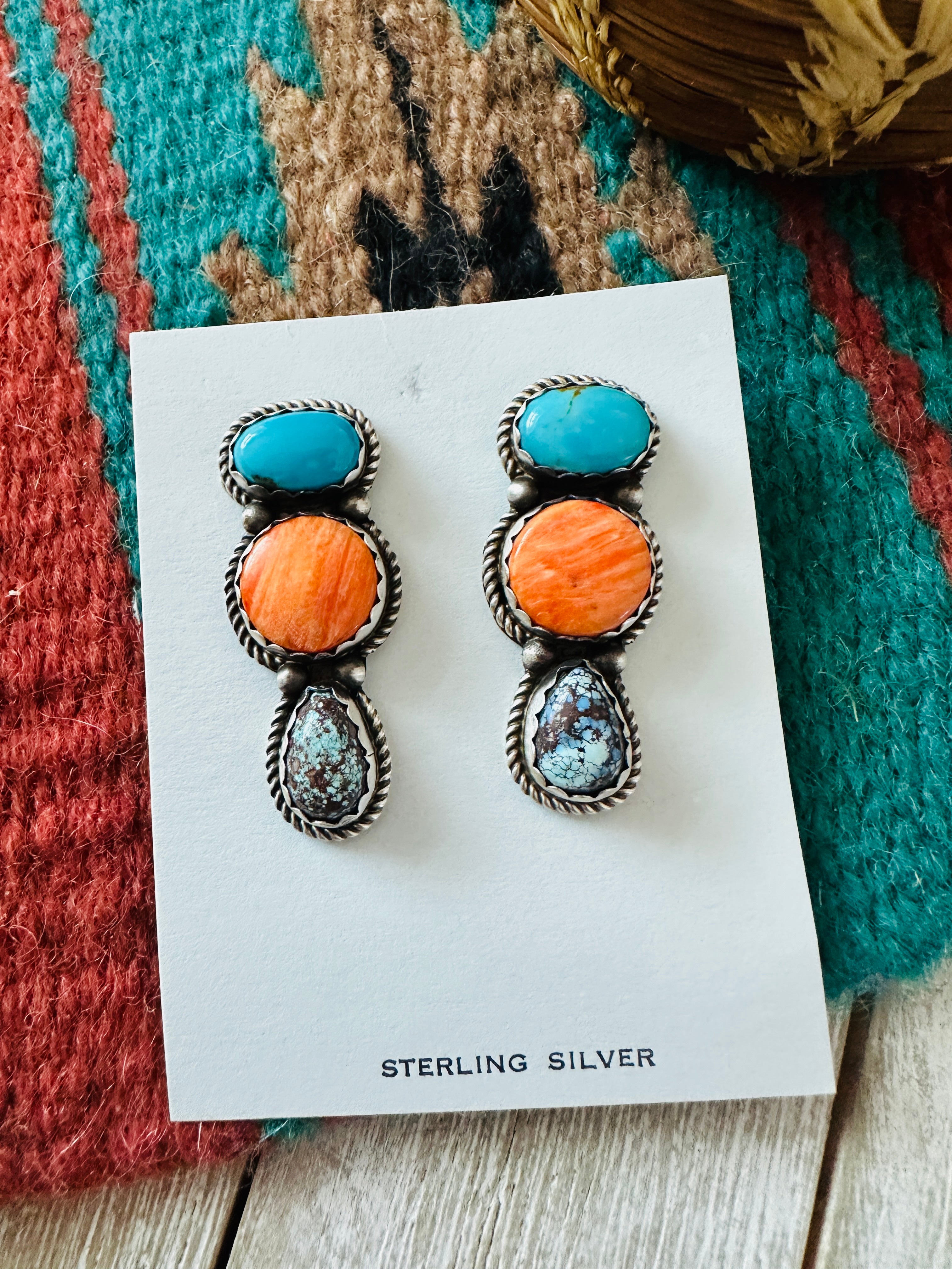 Handcrafted Orange Spiny, Turquoise and Sterling Silver Dangle Earrings