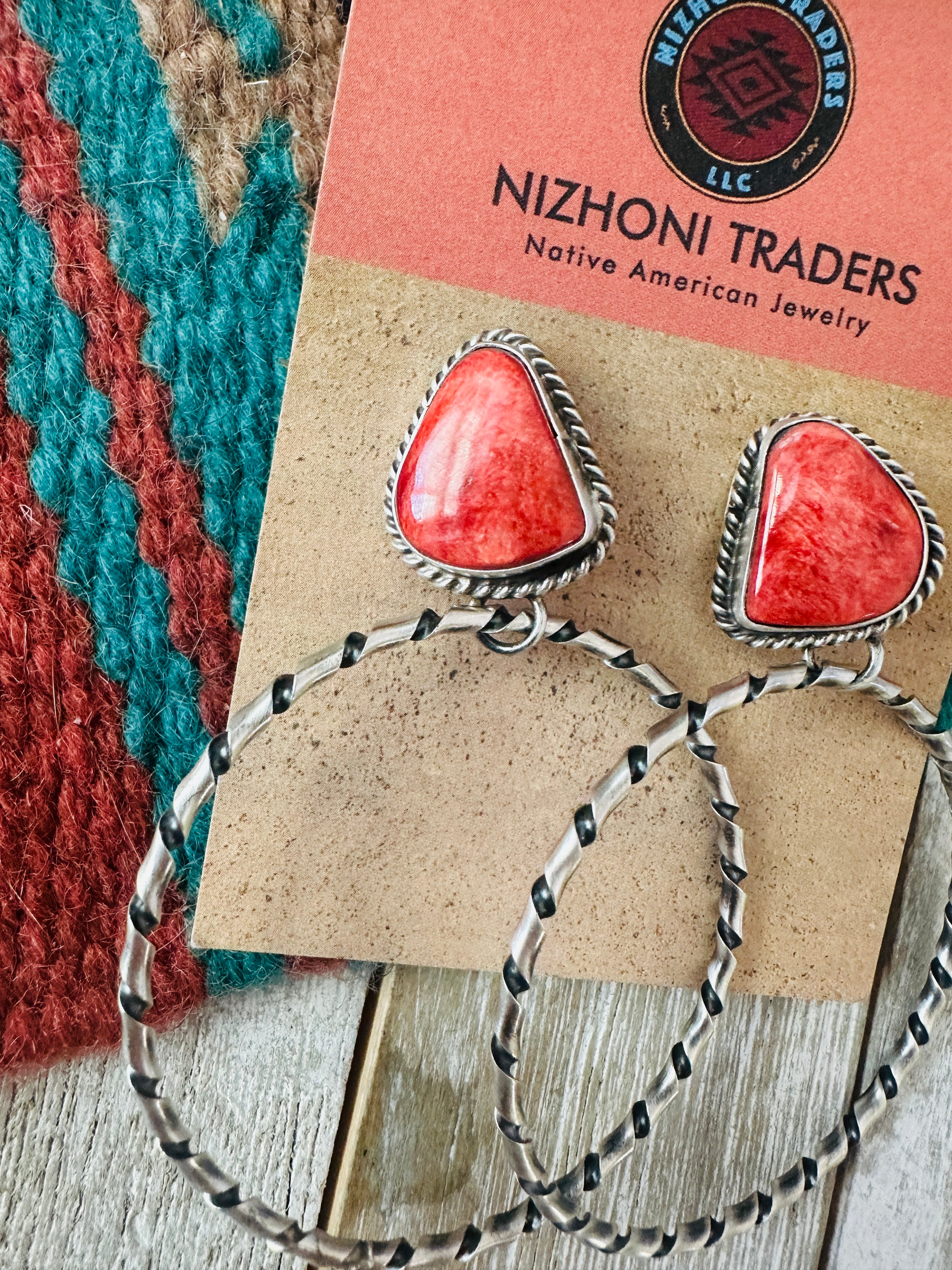 Navajo Orange Spiny and Sterling Silver Dangle Hoop Earrings