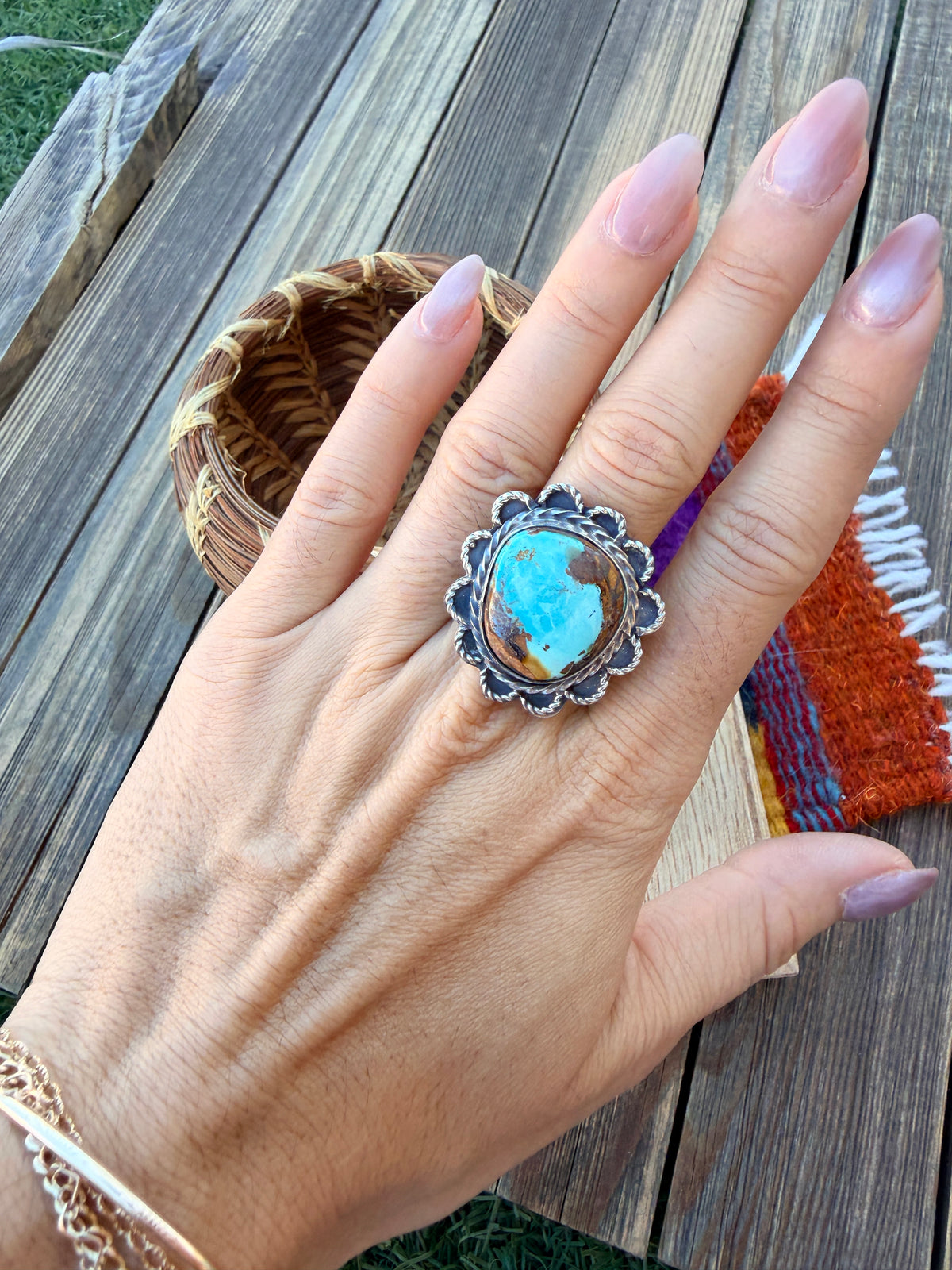 Handcrafted Royston Turquoise & Sterling Silver Ring 8 by Rosella Paxson