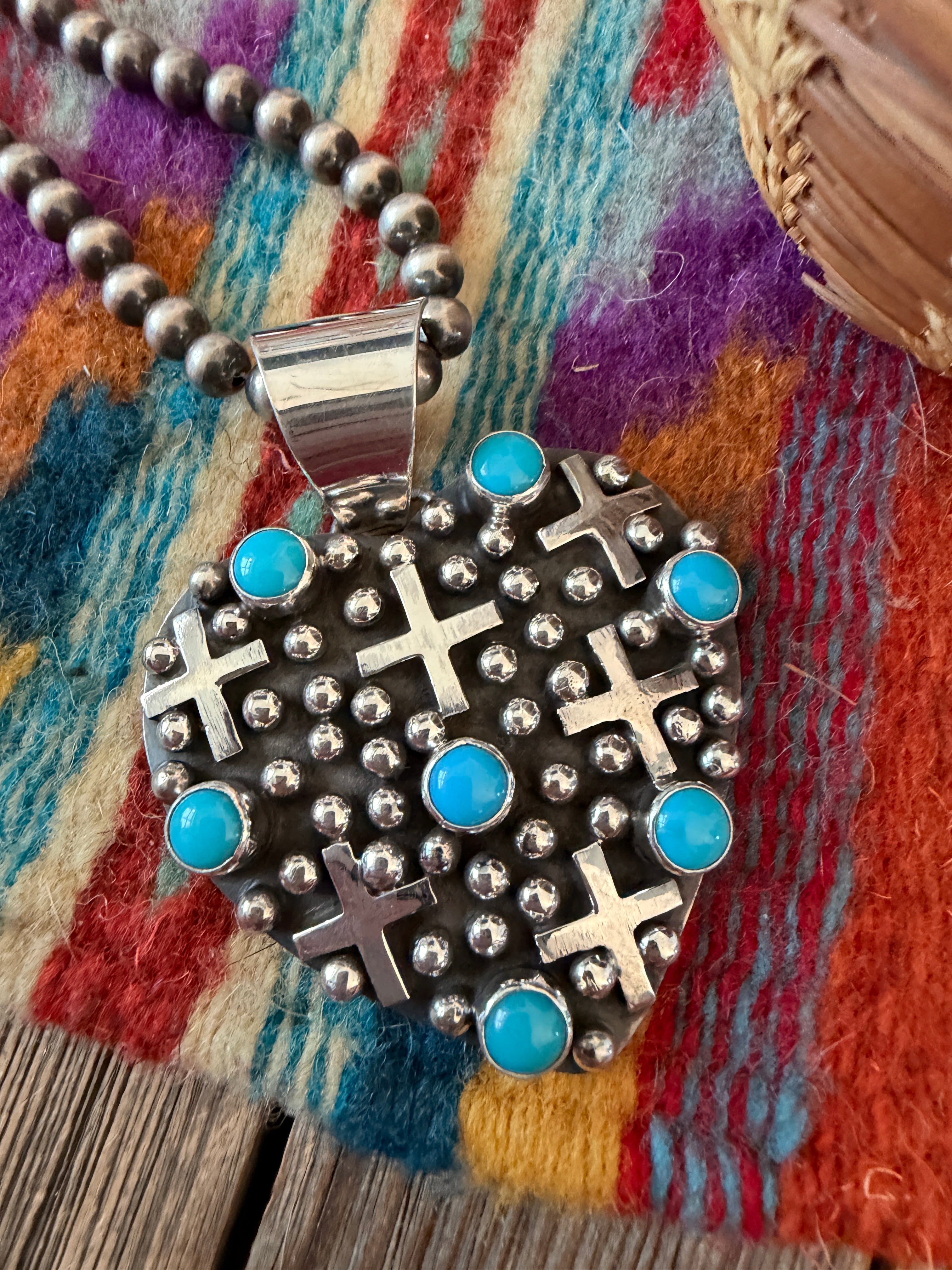 Handcrafted Turquoise & Sterling Silver Heart Cross Pendant by Geneva Apachito
