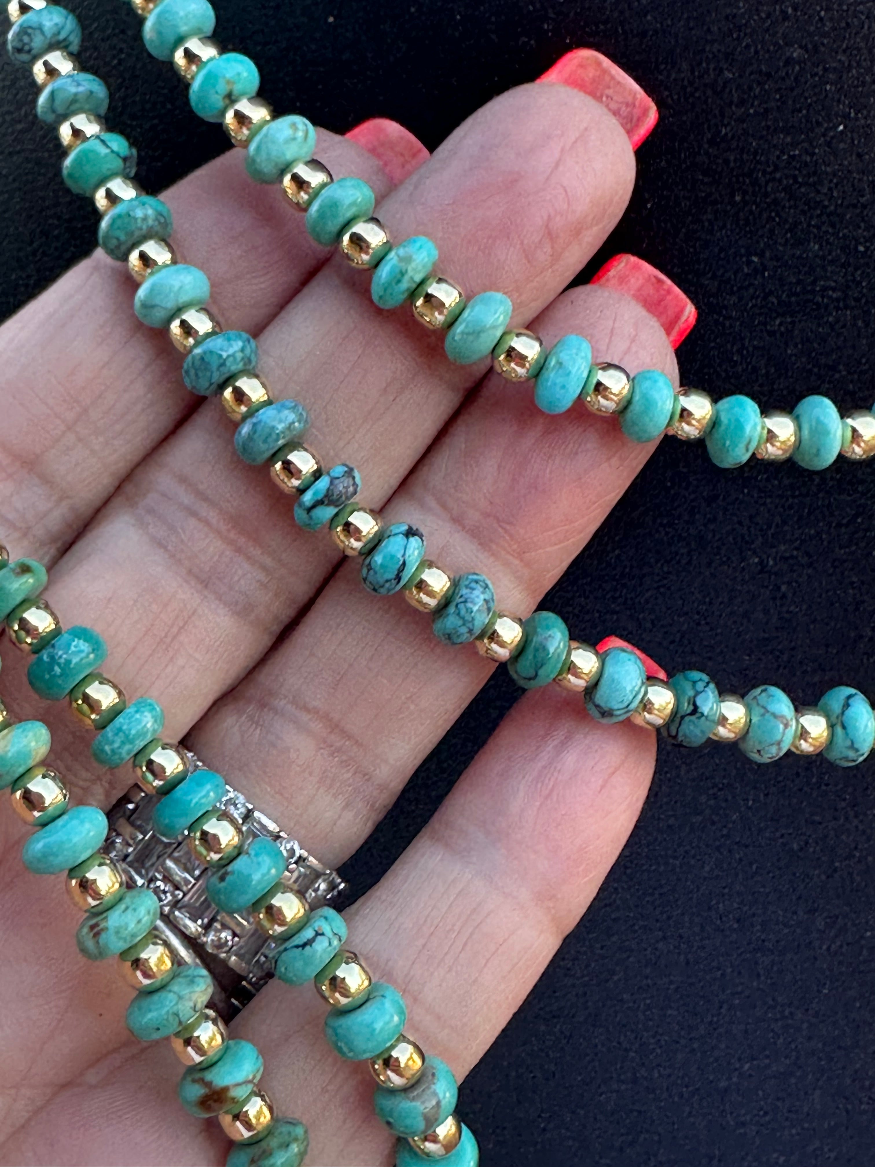 Gilded Sky Turquoise, Gold & Sterling Silver Beaded Necklace and Bracelets