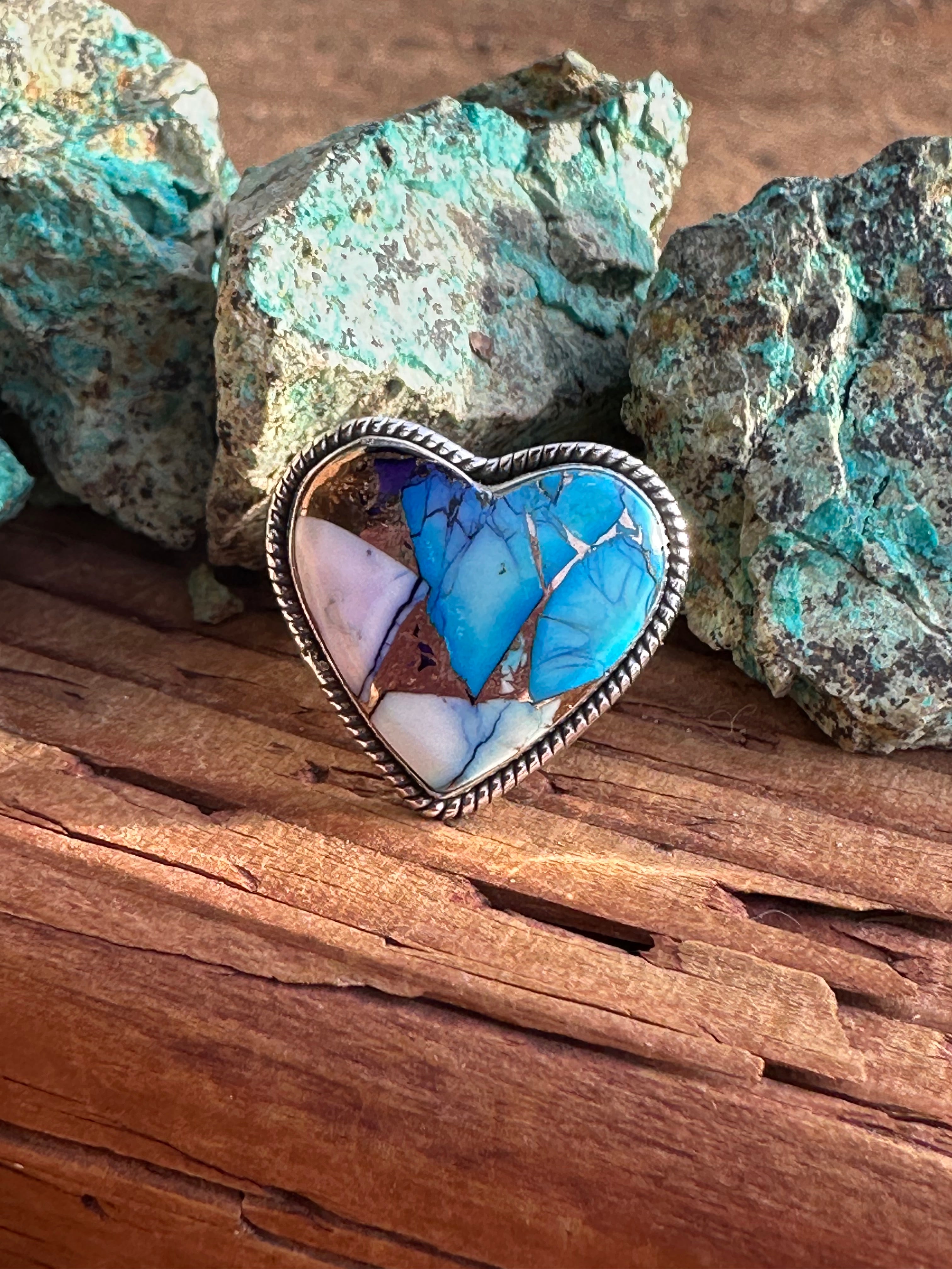 Beautiful Handmade Purple Kingman Dahlia Heart Sterling Silver Adjustable Ring