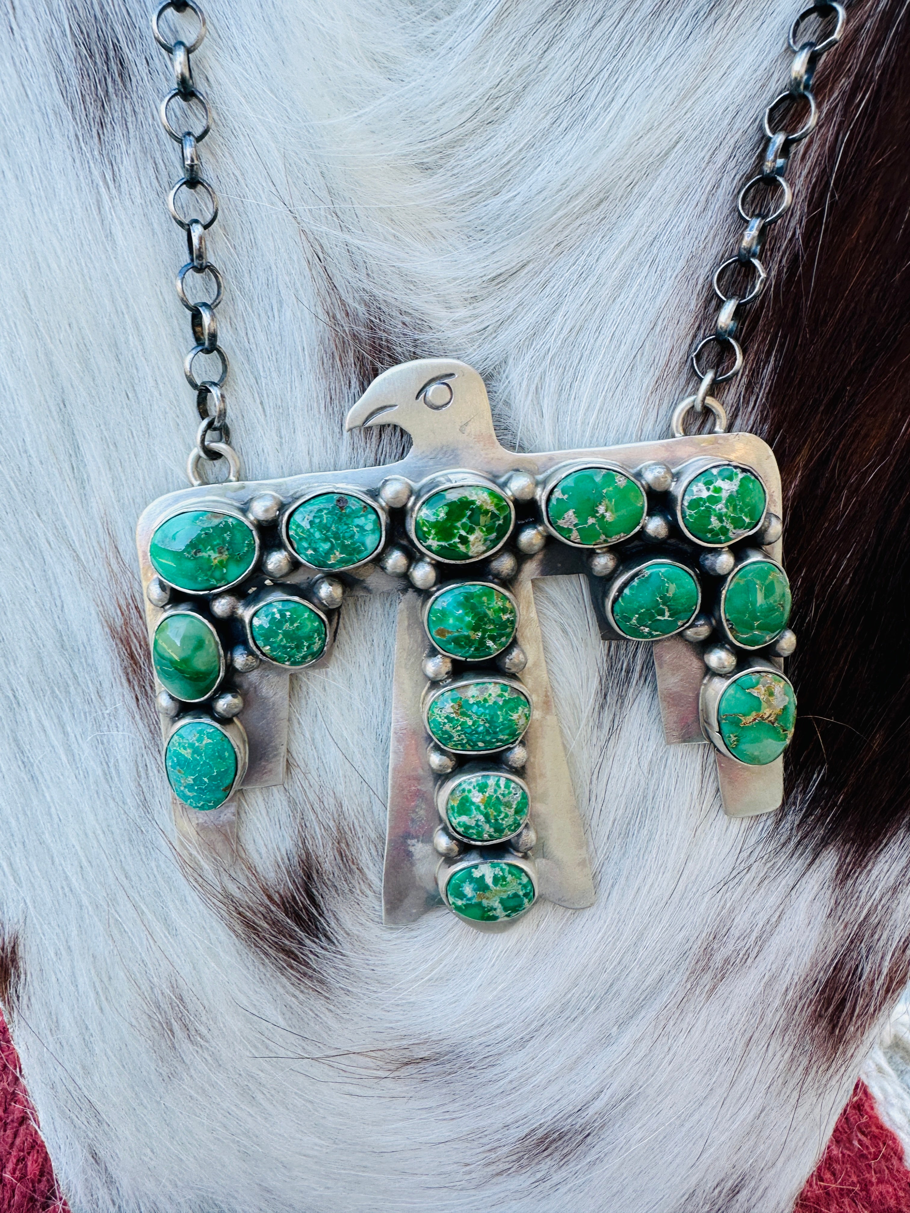 Handcrafted Sonoran Gold Turquoise & Sterling Silver Thunderbird Necklace by Russell Sam