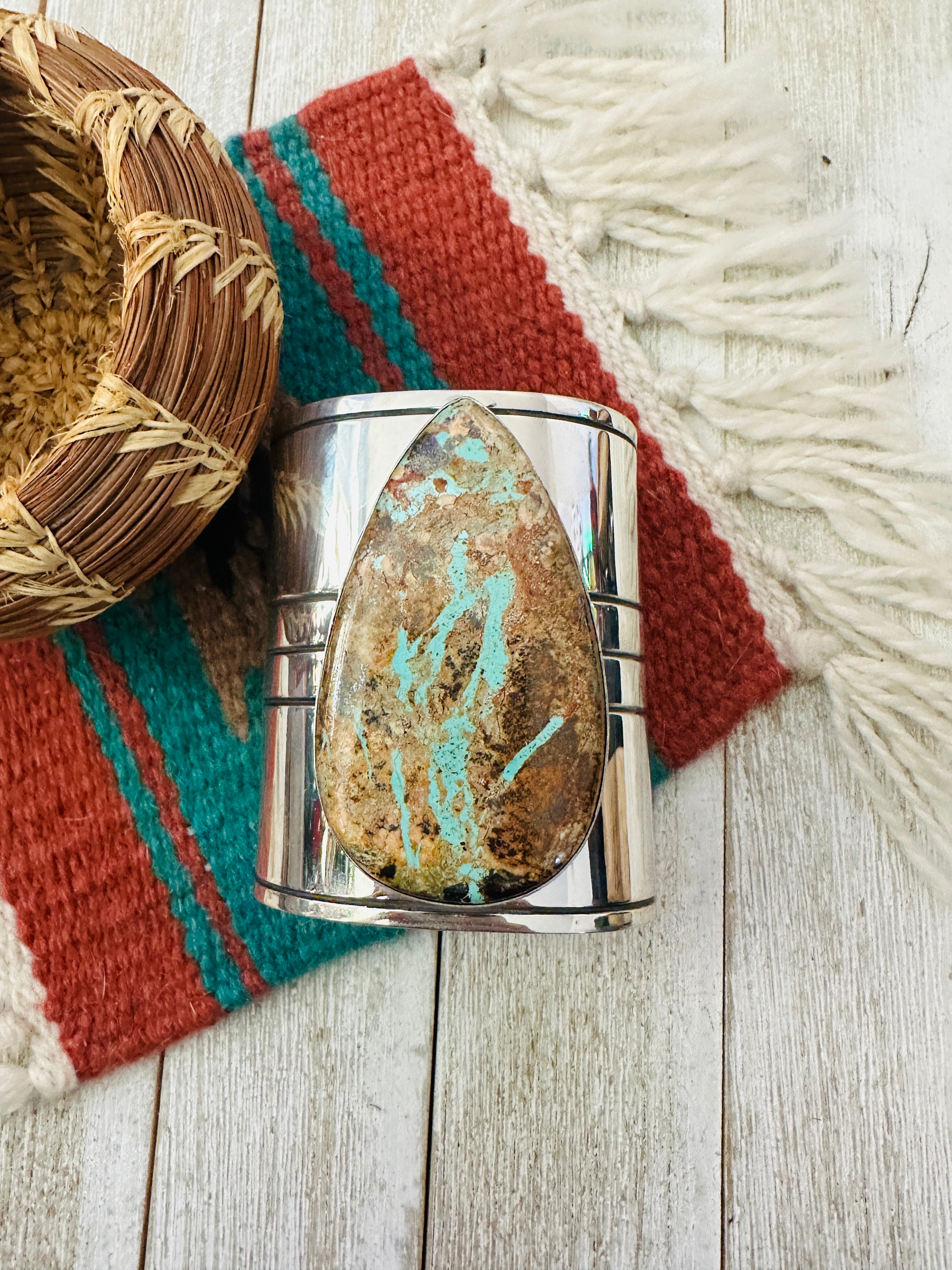 Handcrafted Sterling Silver & Ribbon Turquoise Cuff Bracelet by Ed Smith