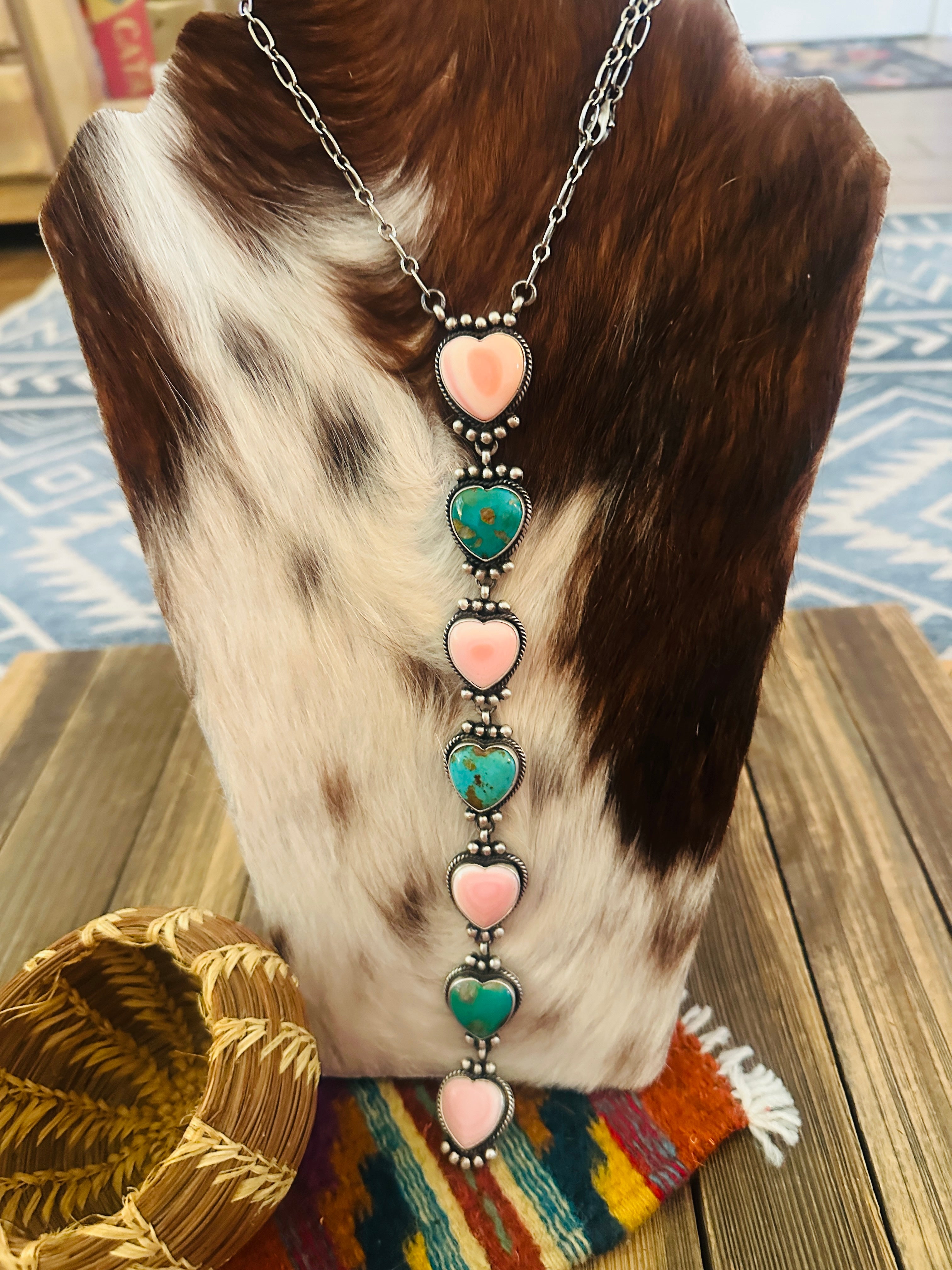 Handcrafted Queen Pink Conch, Turquoise & Sterling Silver Heart Necklace by Patrick Yazzie