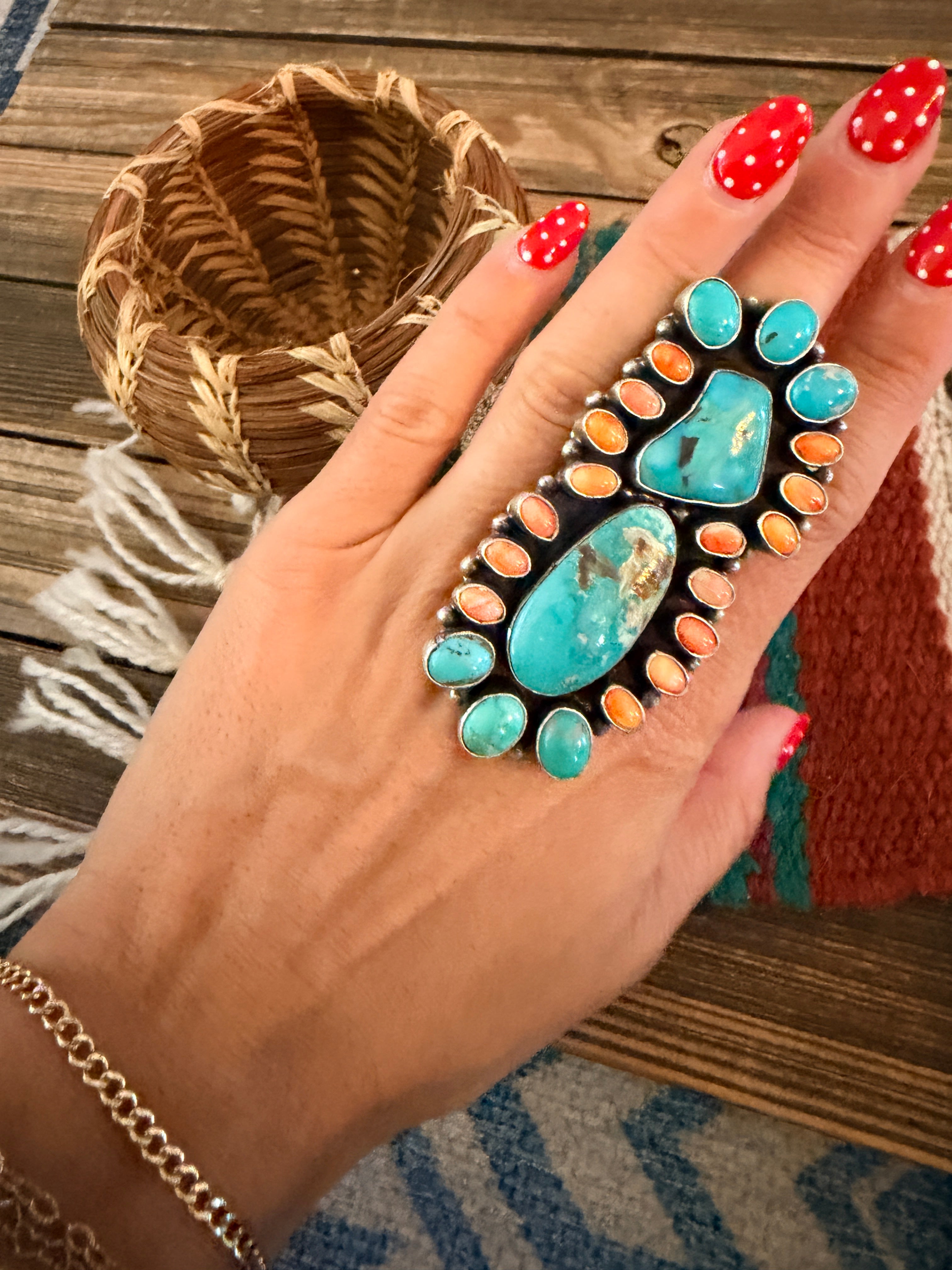 Handcrafted Spiny Oyster, Turquoise & Sterling Silver Cluster Ring by Sheila Becenti Size 10