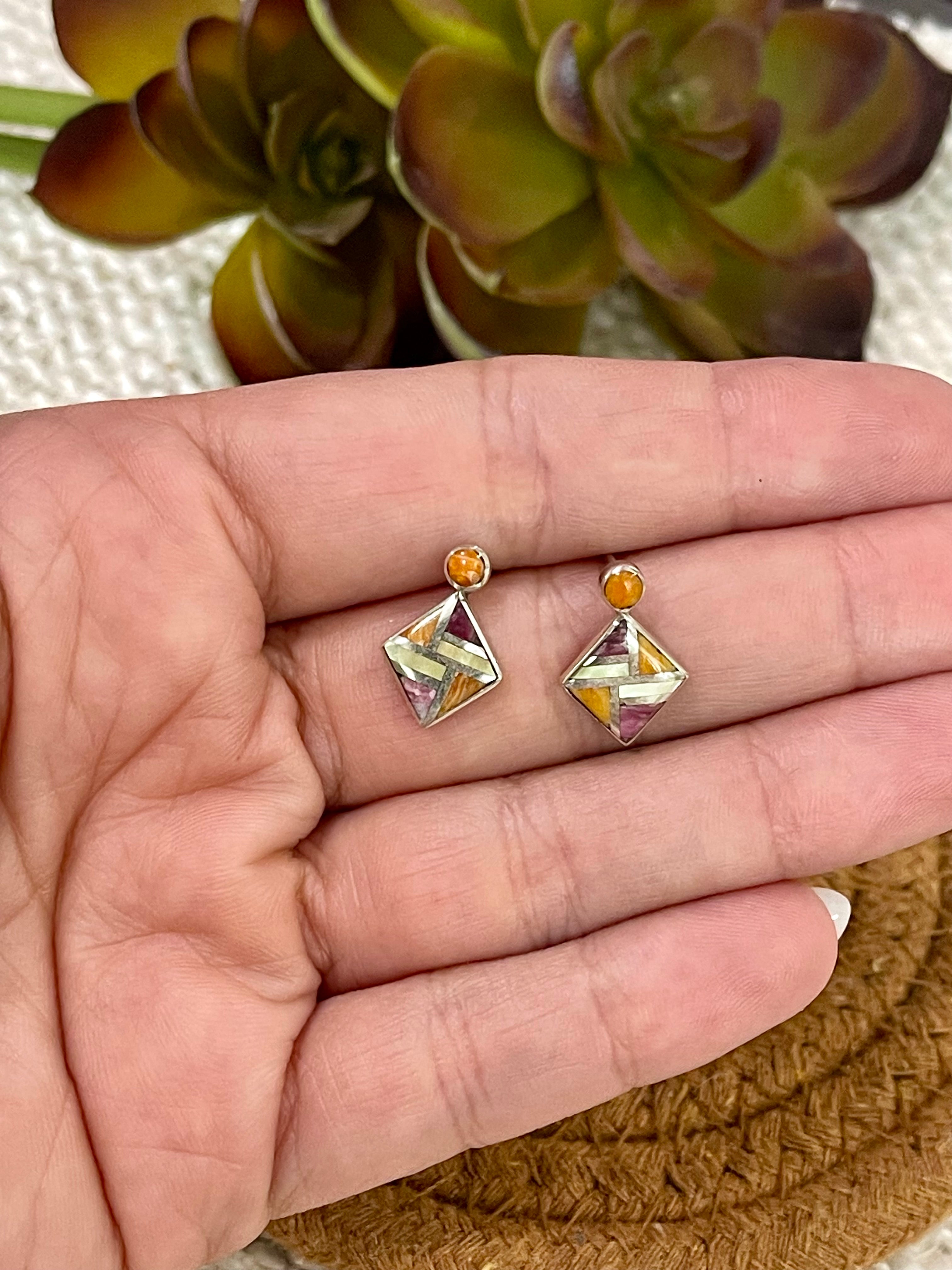 Beautiful Handmade Sterling Silver & Multi Stone Inlay Post Earrings