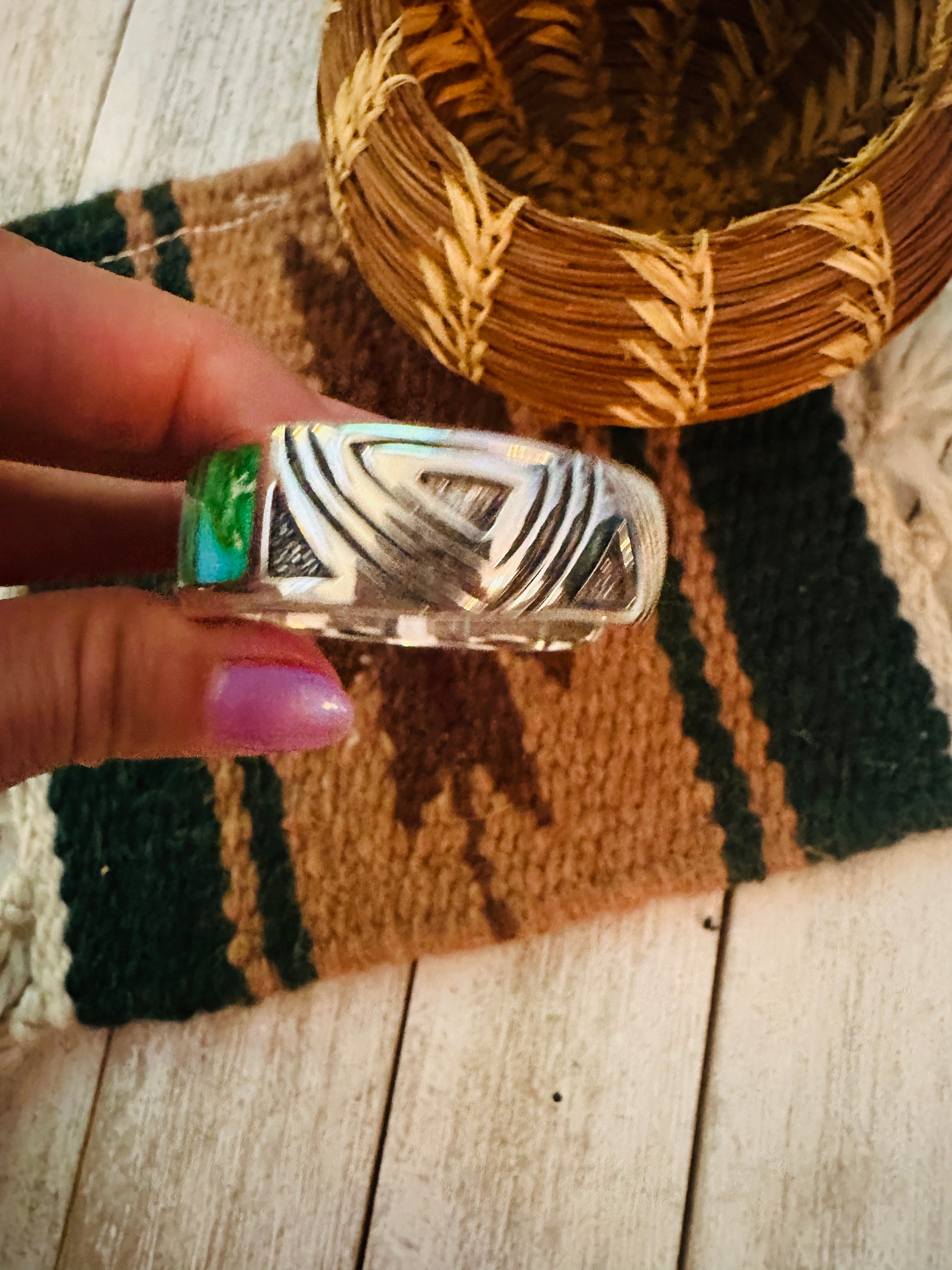 Navajo Sonoran Mountain Turquoise & Sterling Silver Inlay Cuff Bracelet /