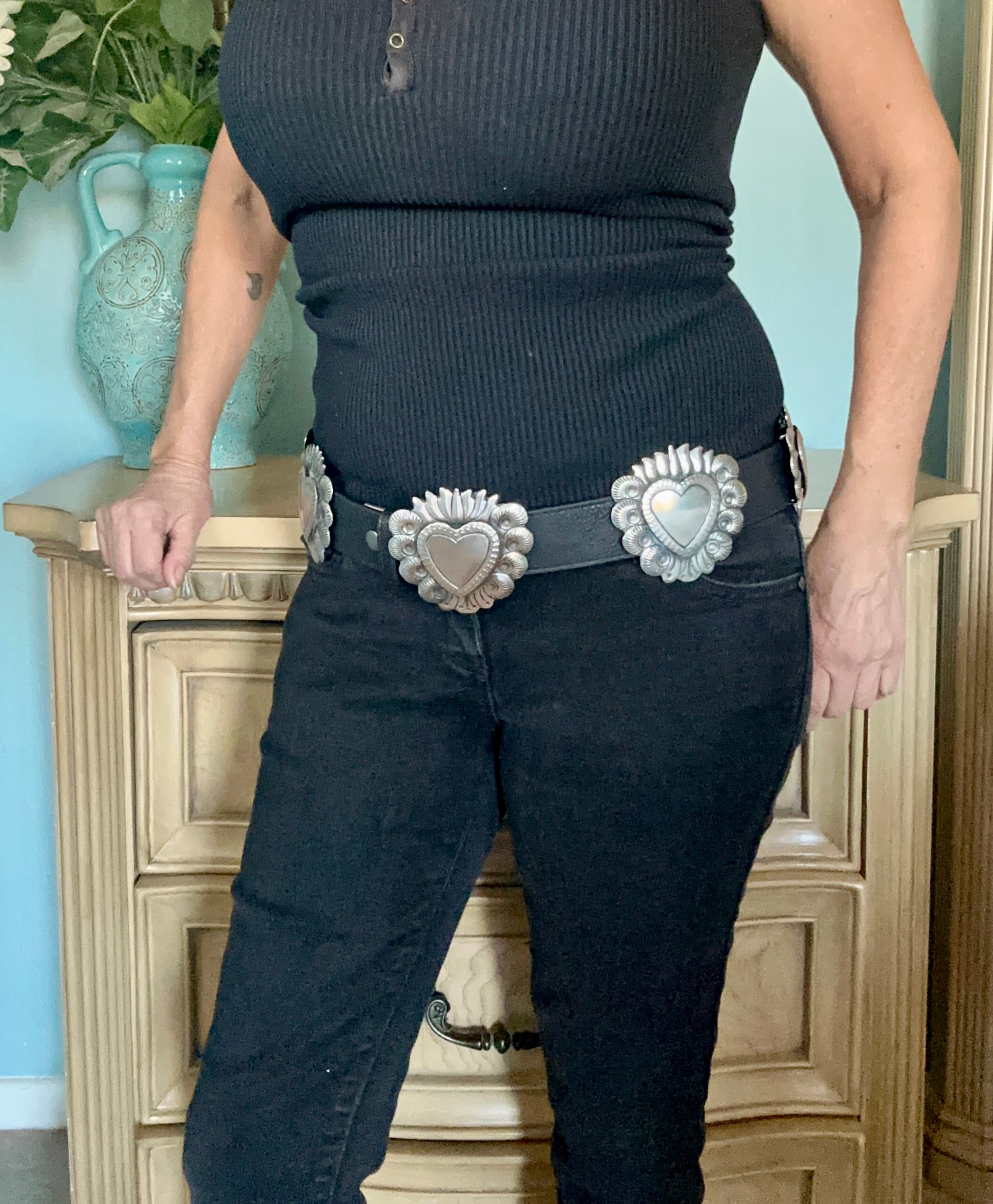 Black Leather Belt With Silver-Plated Heart Brass Buckles