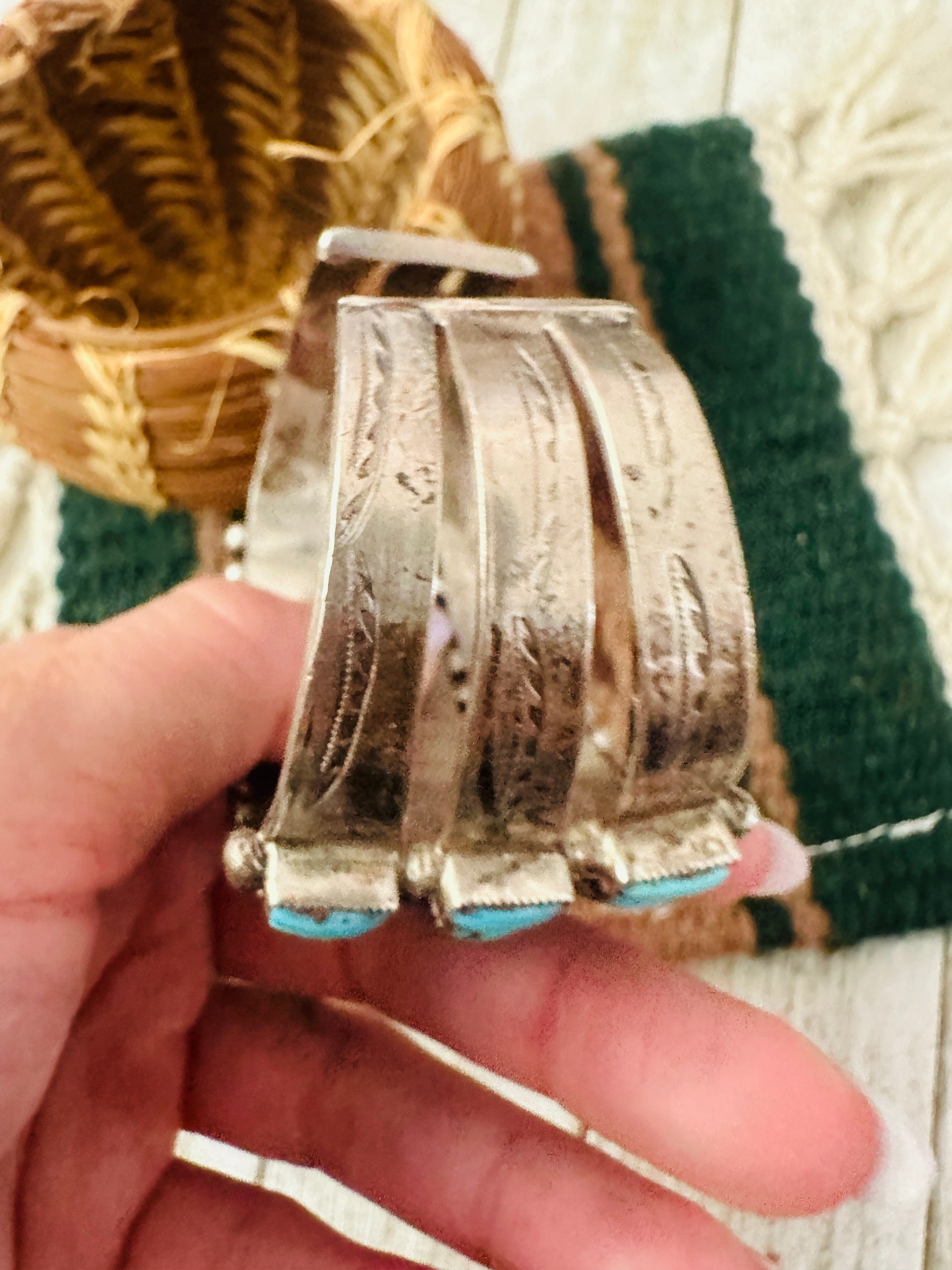 Handcrafted Old Pawn Turquoise & Sterling Silver Cluster Cuff Bracelet