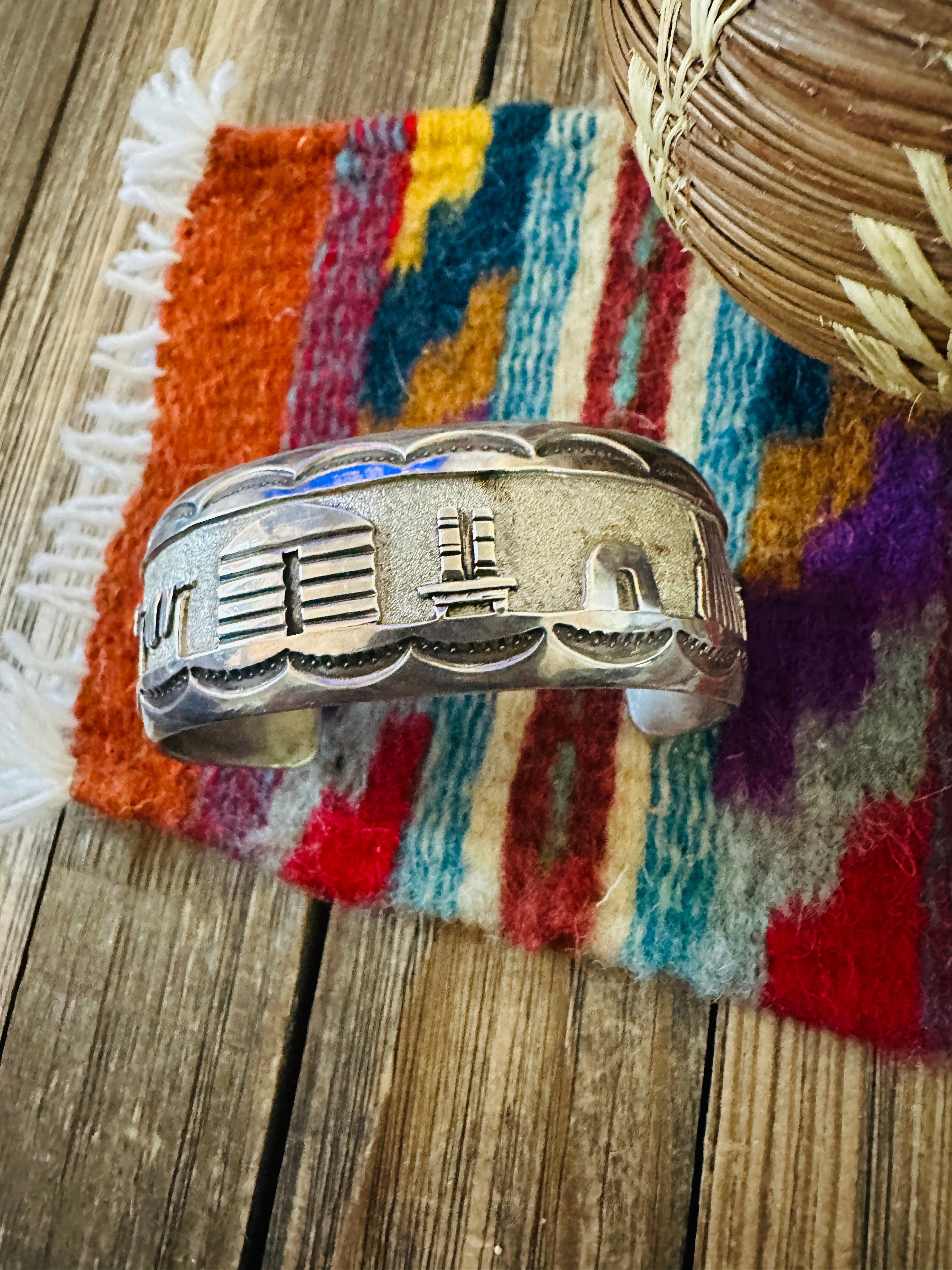 Handcrafted Old Pawn Sterling Silver Storyteller Cuff Bracelet