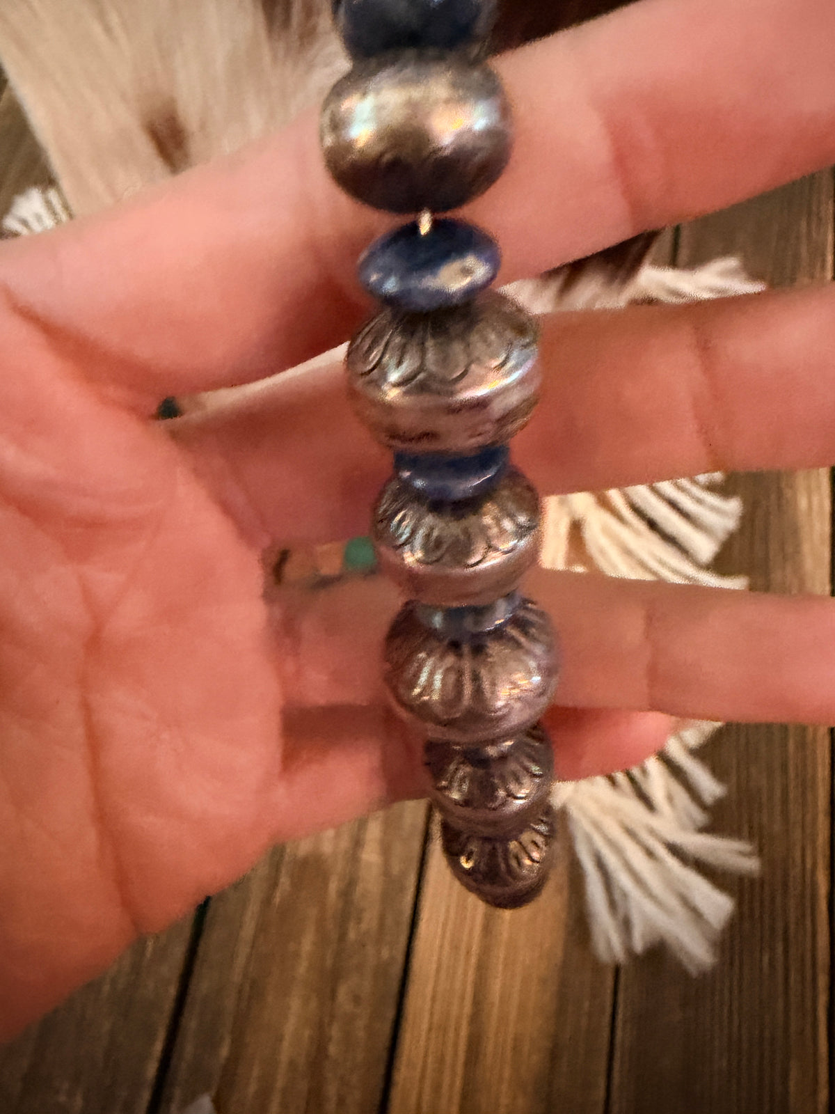 Old Pawn Handcrafted Sterling Silver Pearl & Lapis 16” Beaded Necklace