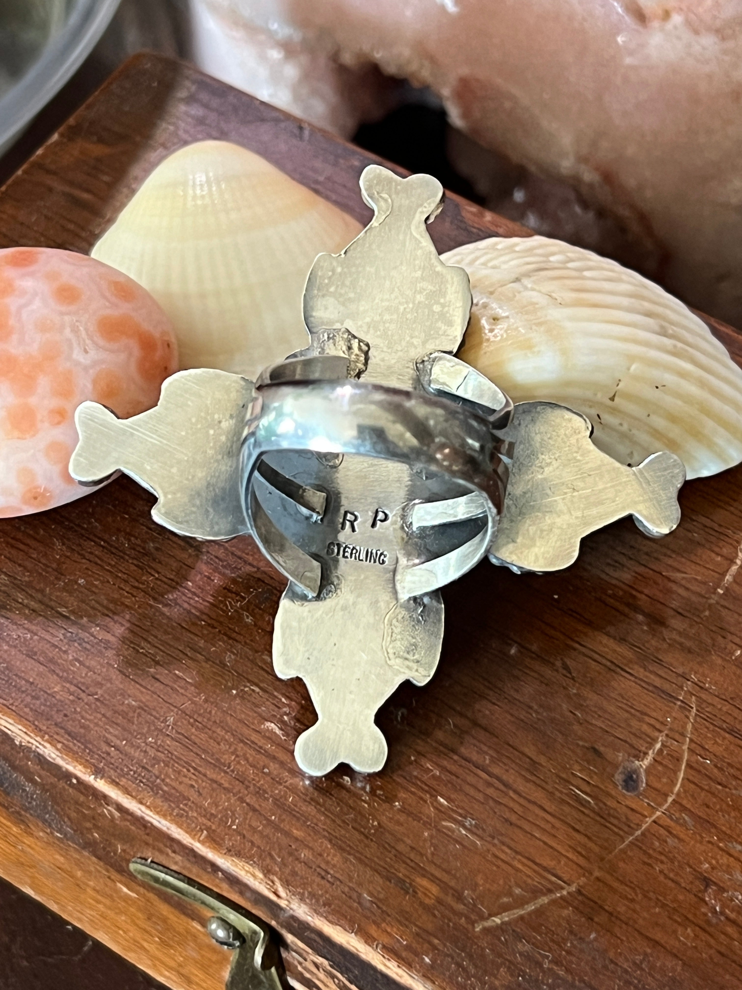 Apache Sterling Silver and Orange Spiny Oyster Shell 4 Direction Ring by Rosella Paxson, Size 10