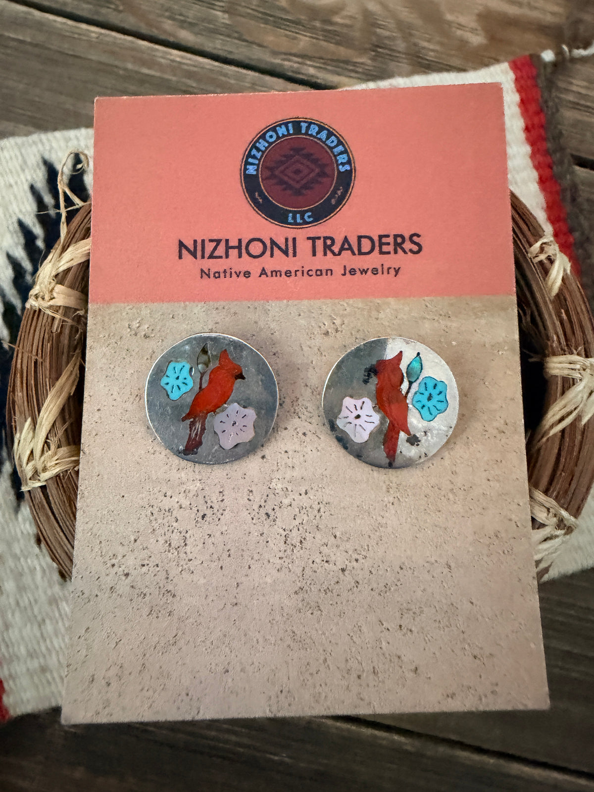 Old Pawn Handcrafted Sterling Silver & Multi Stone Inlay Cardinal Stud Earrings