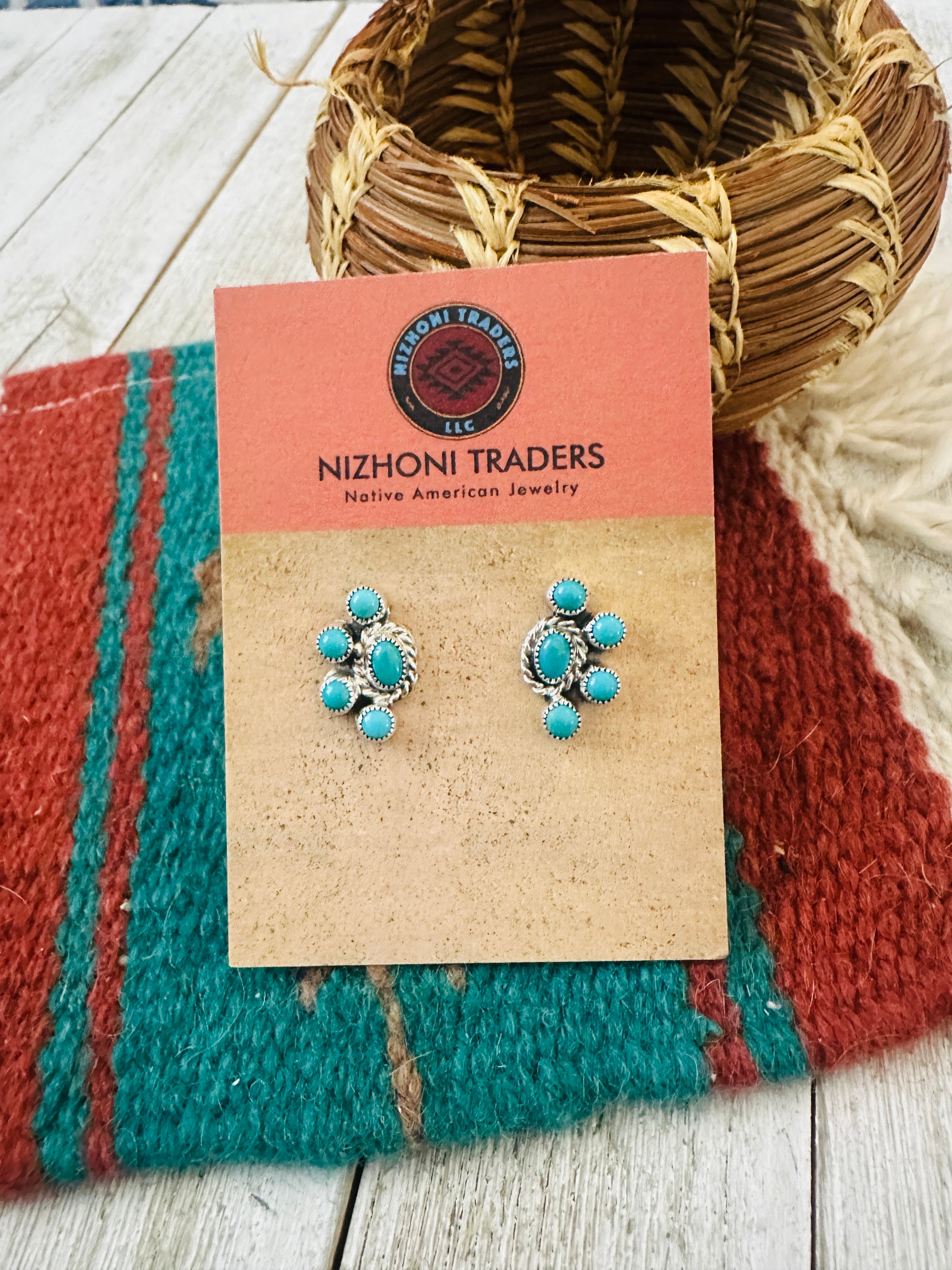 Handcrafted Turquoise & Sterling Silver Cluster Post Earrings