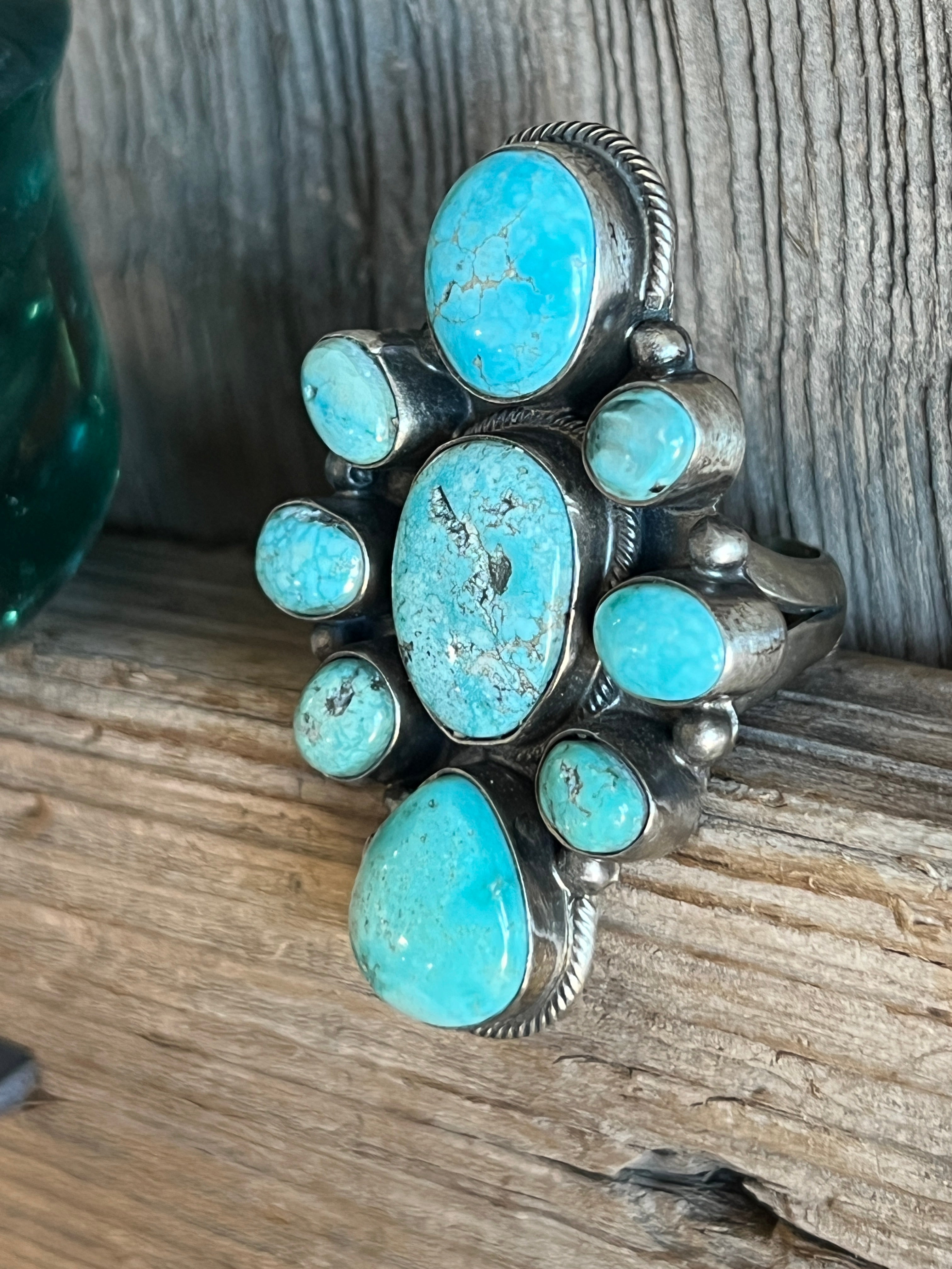 Handcrafted Sterling Silver and Natural Campitos Turquoise Cluster Ring by Sheila Becenti, Size 8.75