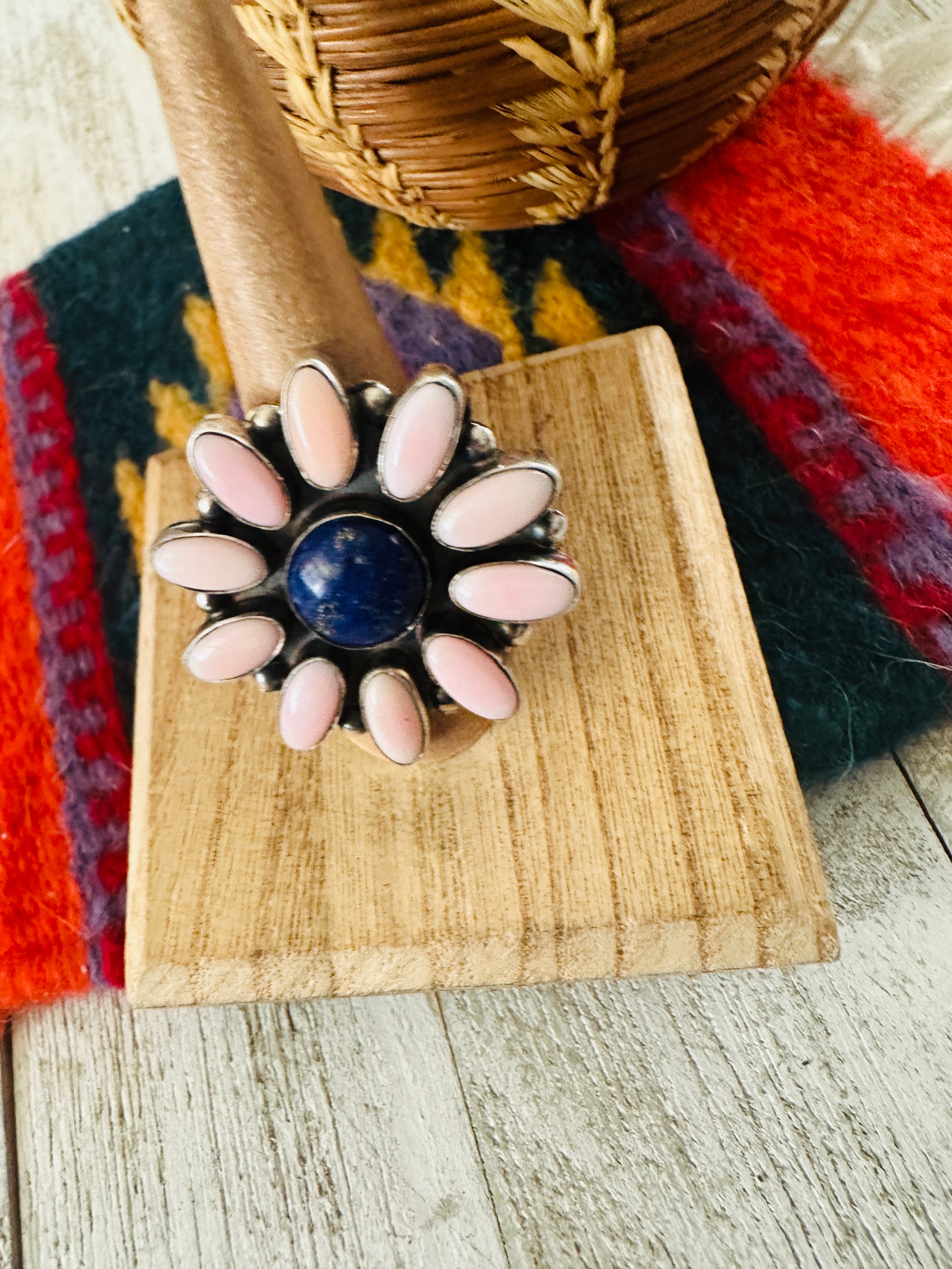 Handcrafted Sterling Silver, Queen Pink Conch Shell & Lapis Cluster Ring