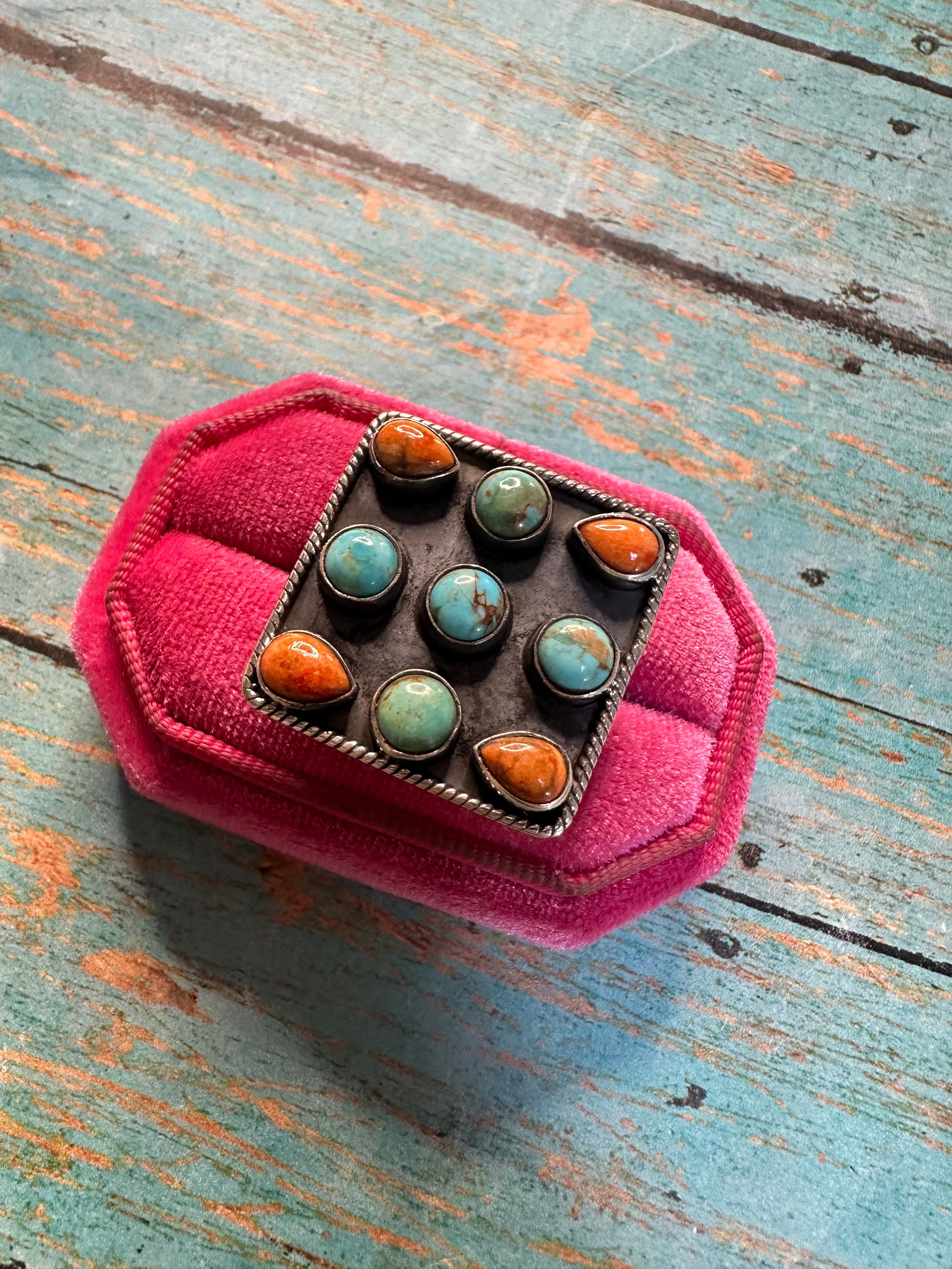 Beautiful Handmade Orange Mojave, Turquoise And Sterling Silver Adjustable Ring