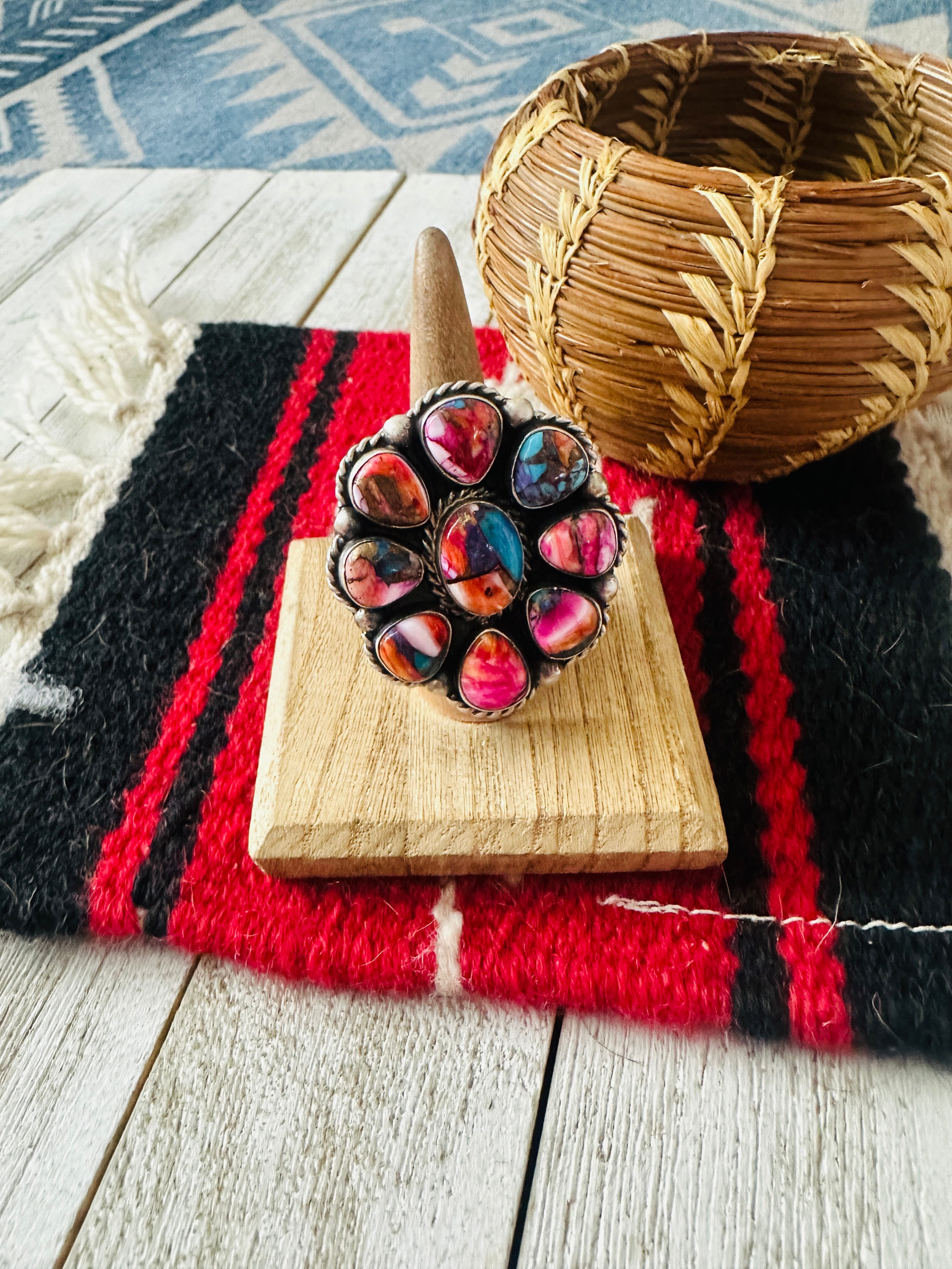 Handcrafted Sterling Silver & Pink Dream Mojave Cluster Adjustable Ring