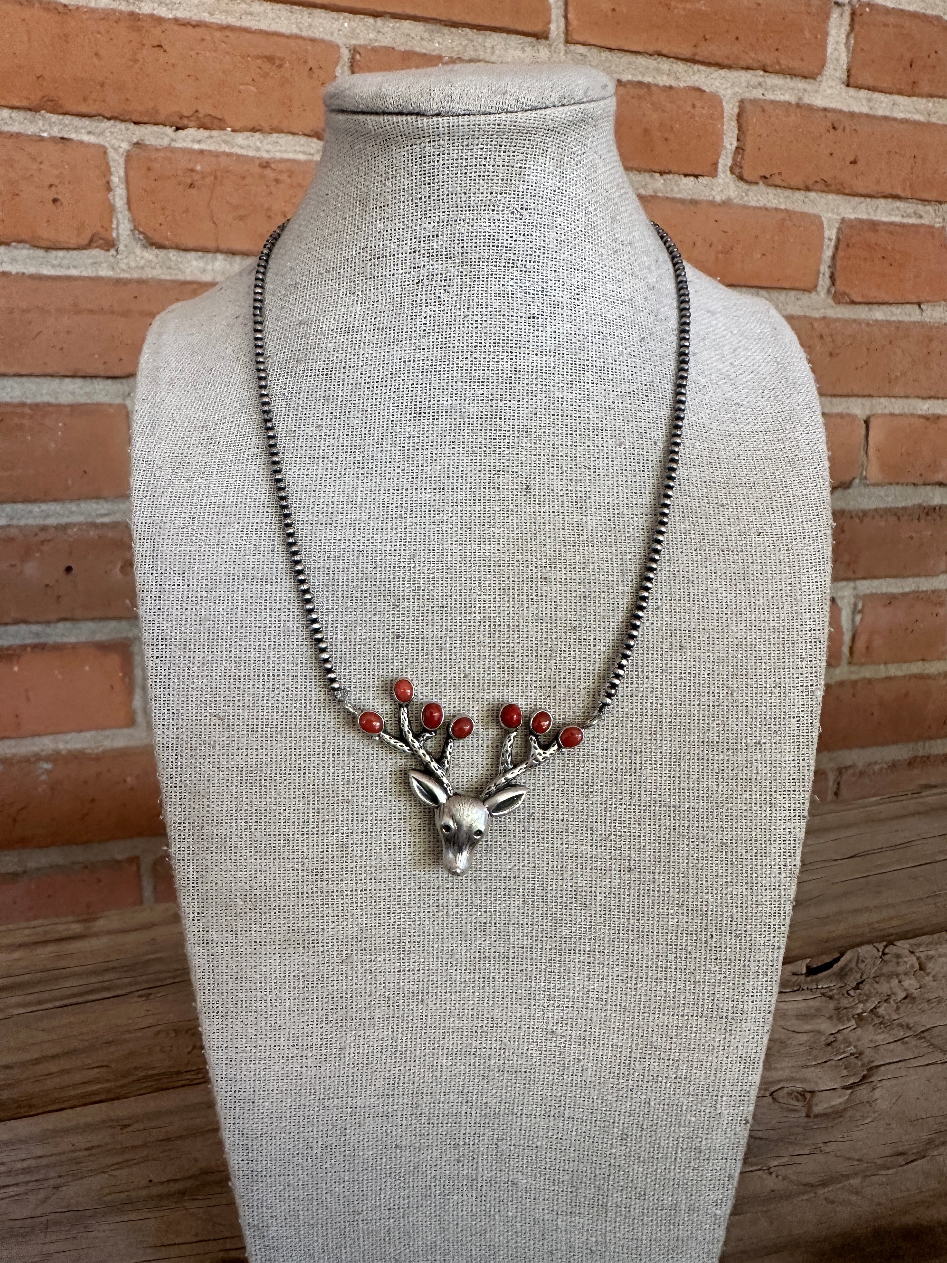 Handmade Sterling Silver Coral Beaded Reindeer Necklace