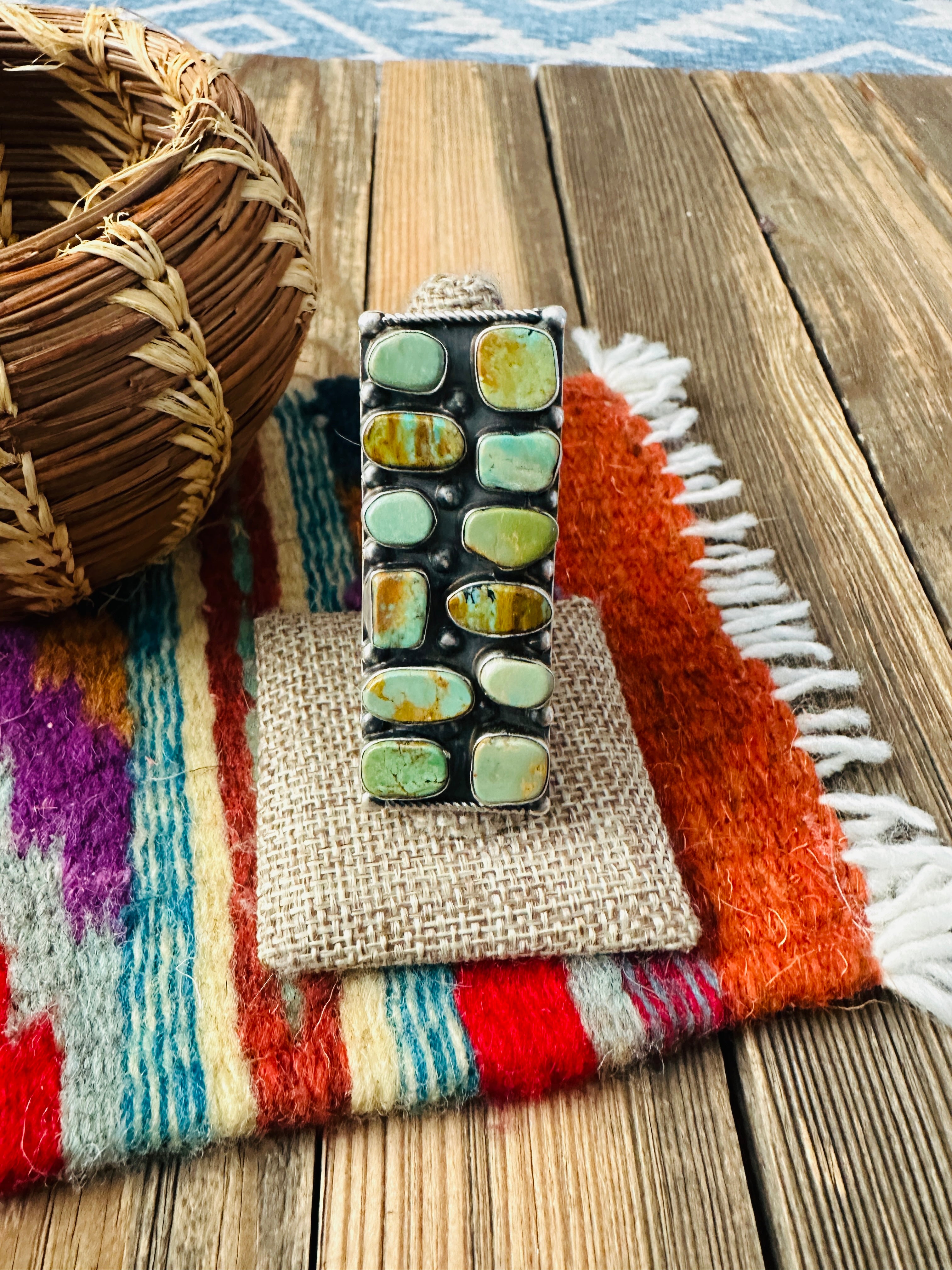 Handcrafted Royston Turquoise Sterling Silver Cluster Adjustable Ring by Jacqueline Silver