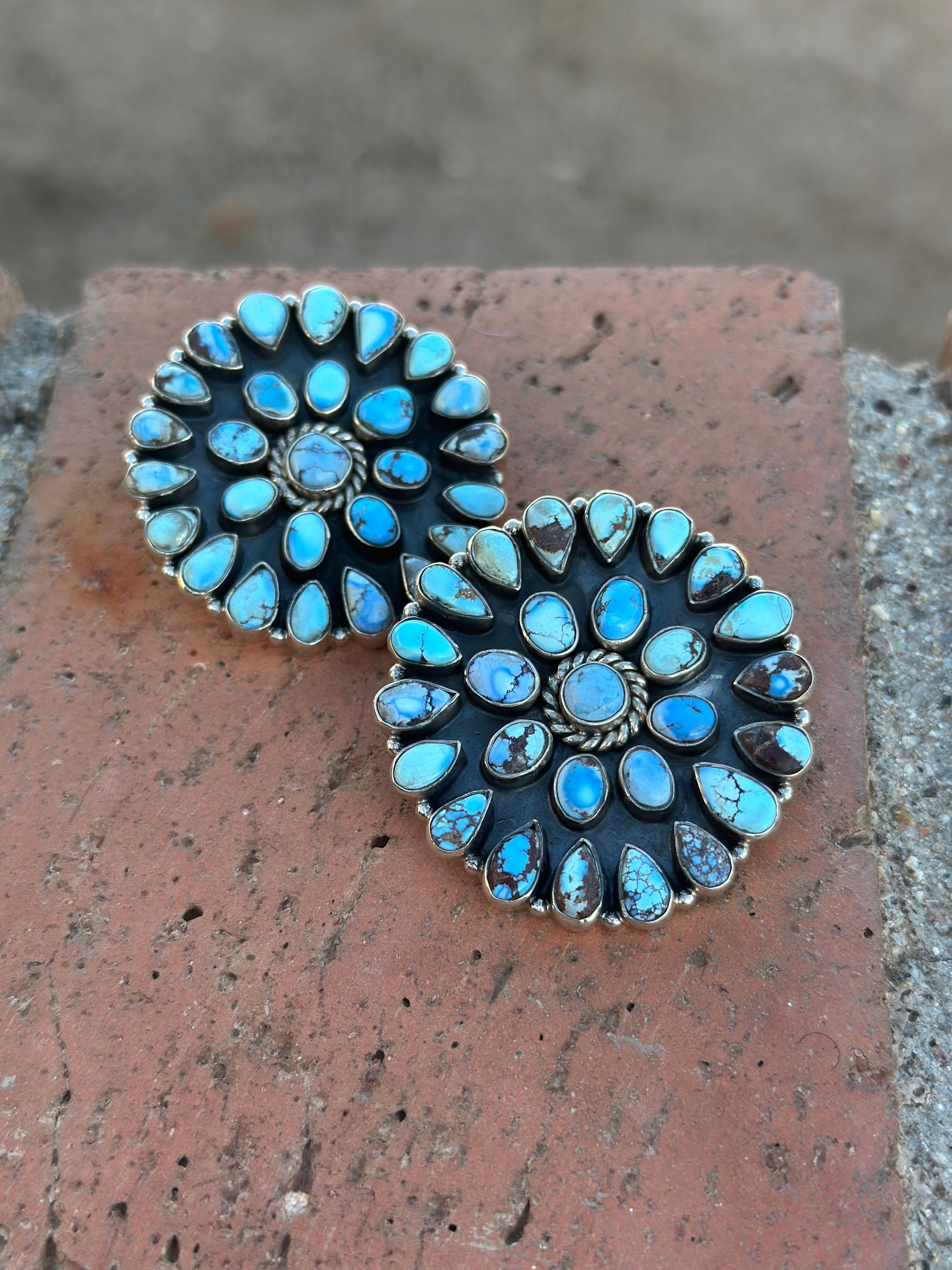 Handmade Golden Hills Turquoise & Sterling Silver Cluster Post Earrings 2”