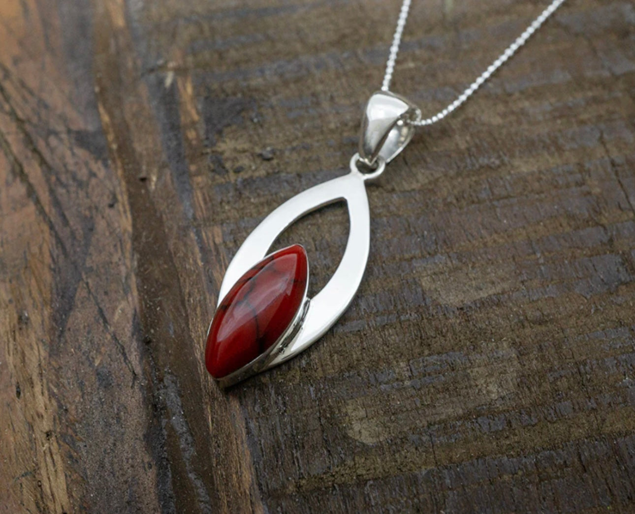 Red Jasper Marquise in Ribbon Sterling Silver Necklace