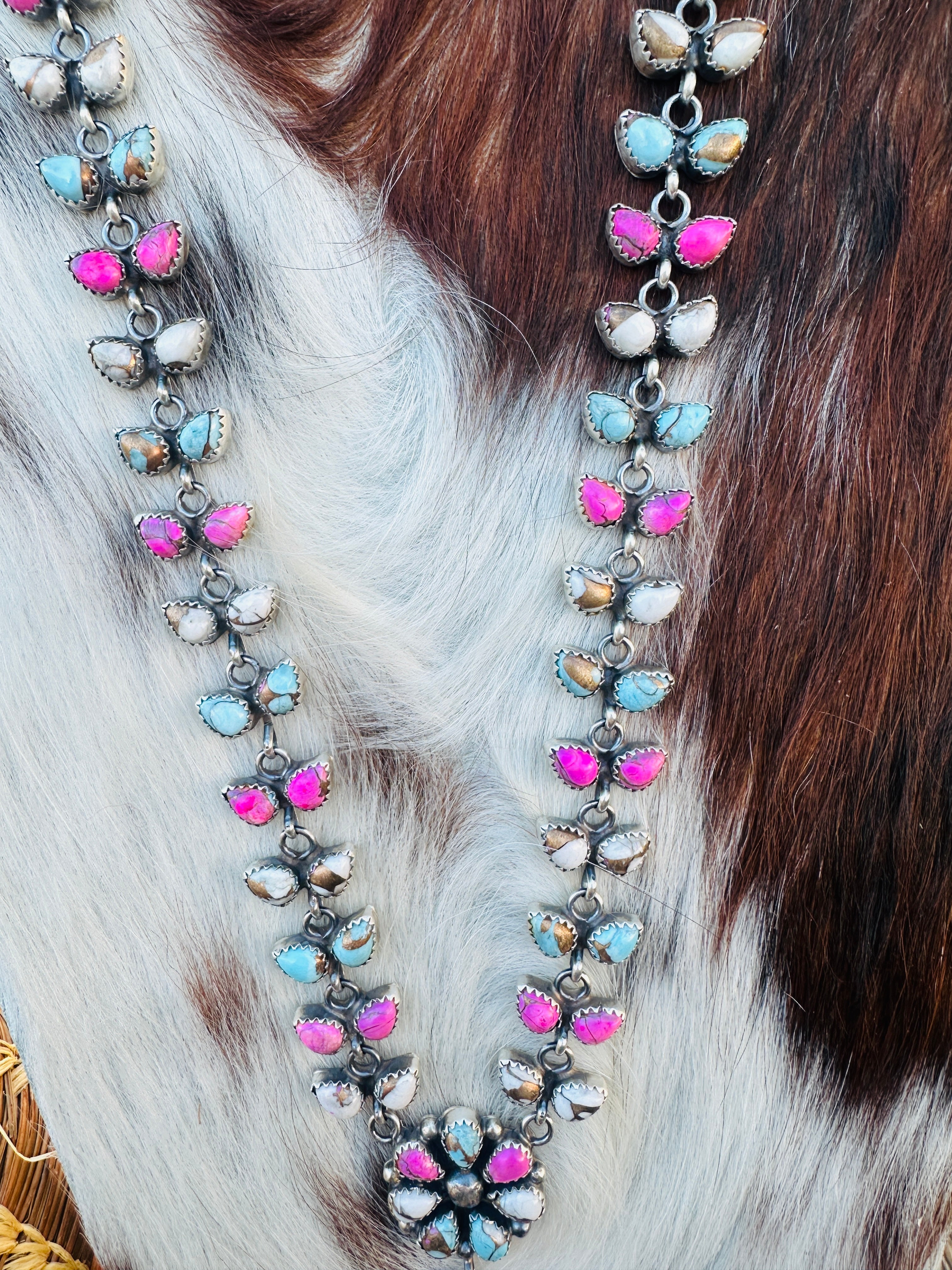 Handcrafted Cotton Candy & Sterling Silver Flower Cluster Necklace by Pearlene Spencer
