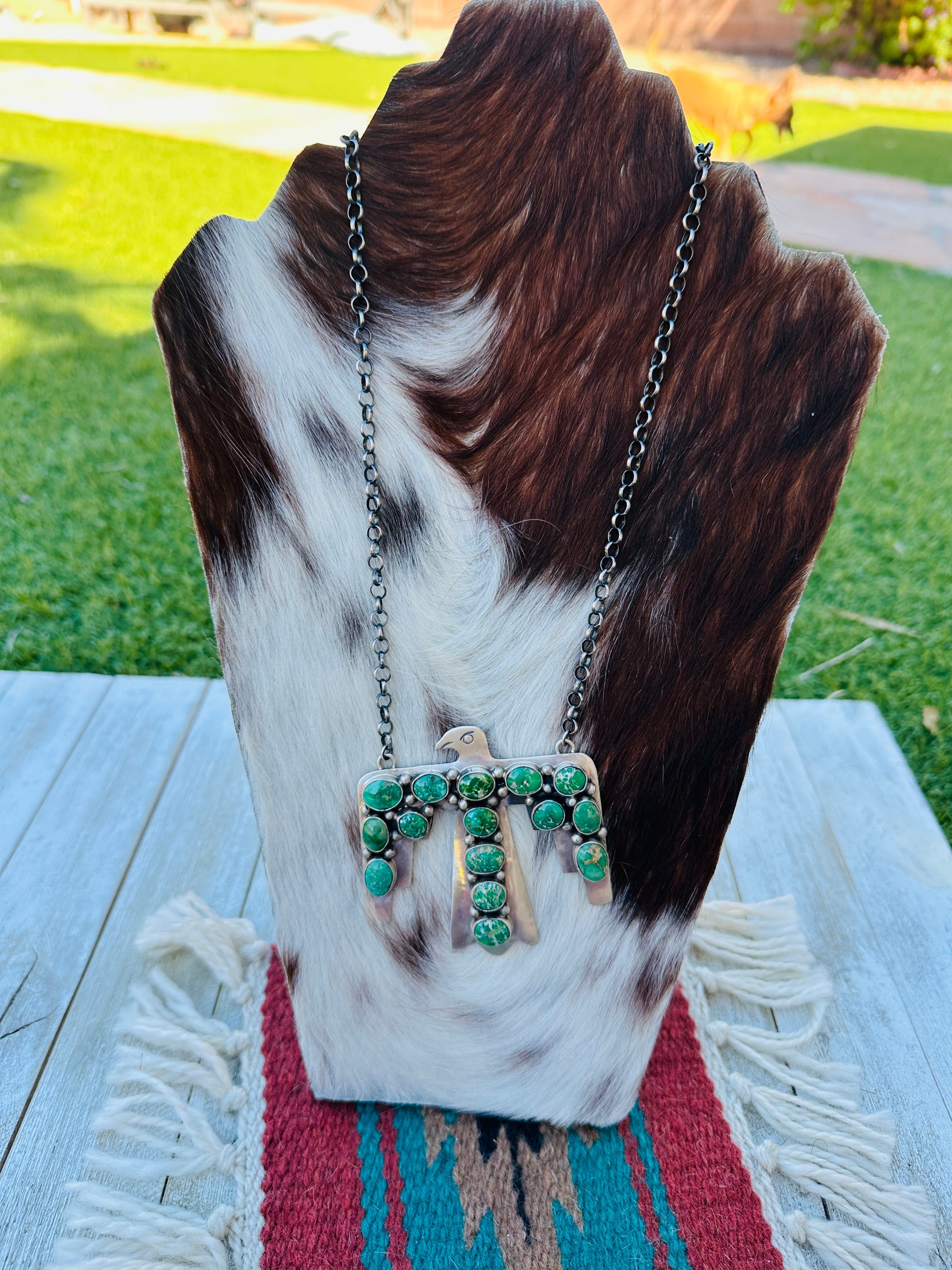 Handcrafted Sonoran Gold Turquoise & Sterling Silver Thunderbird Necklace by Russell Sam