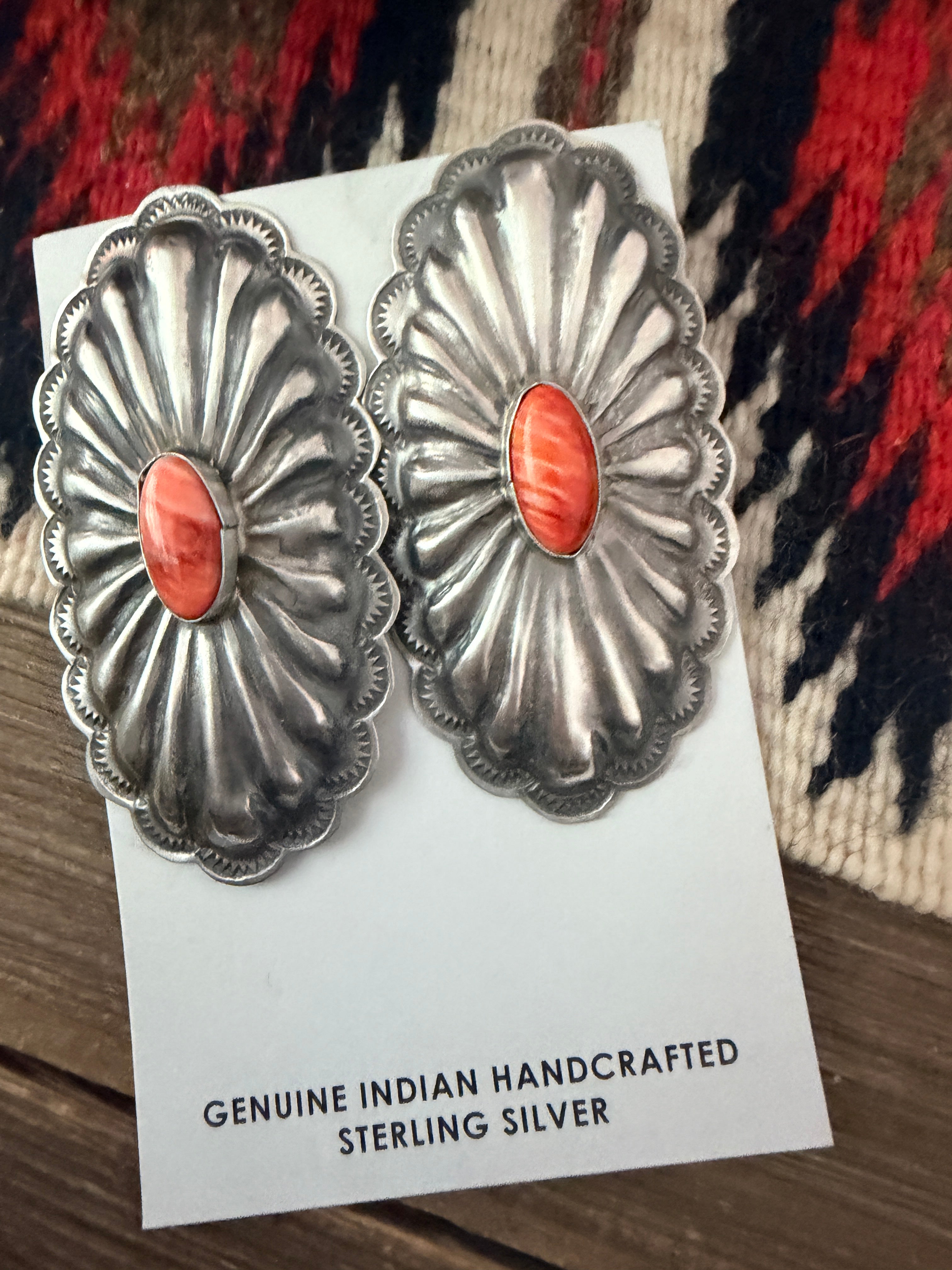 Handcrafted Spiny Oyster & Sterling Silver Concho Post Earrings by Rita Lee