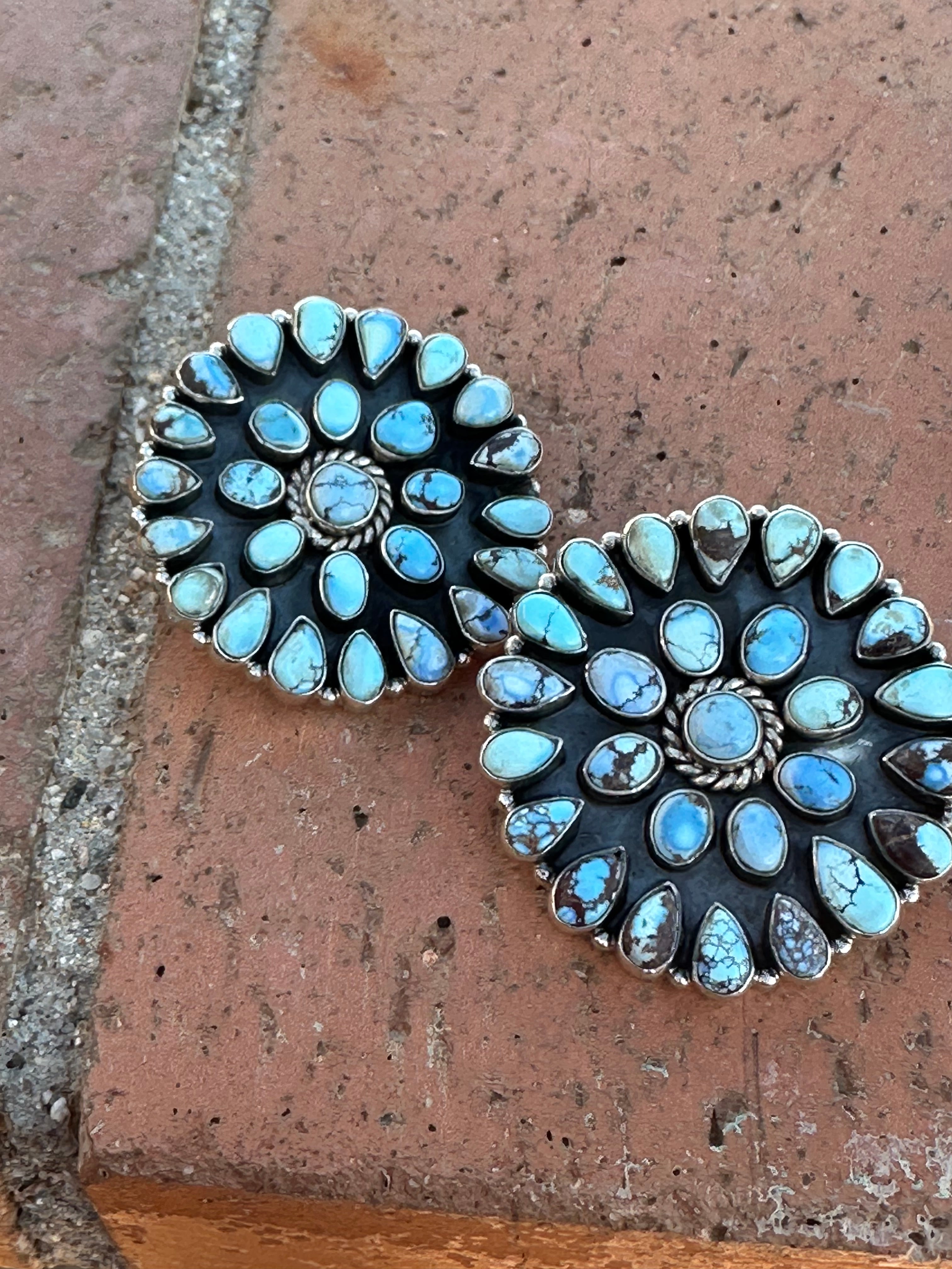 Handmade Golden Hills Turquoise & Sterling Silver Cluster Post Earrings 2”