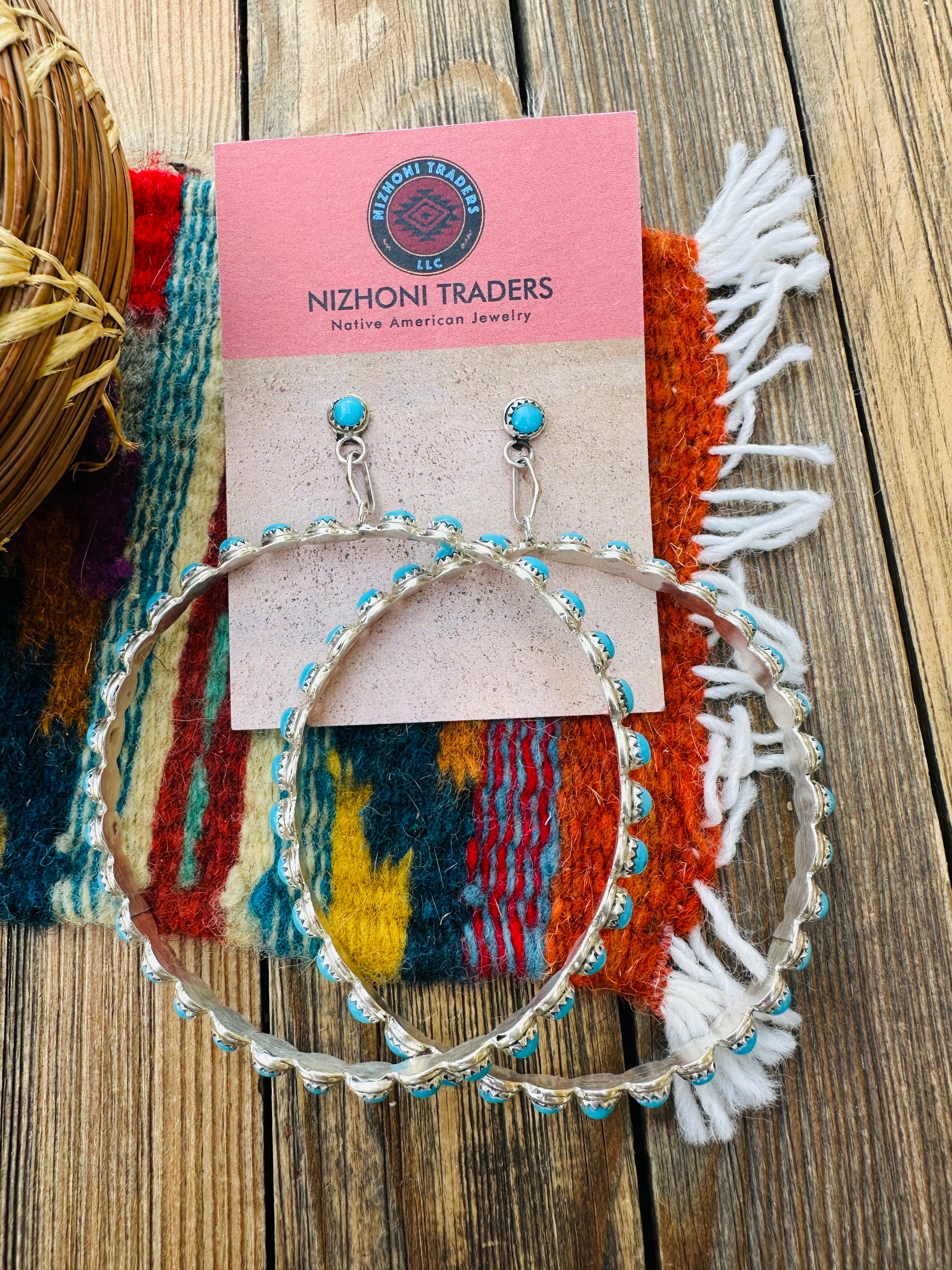 Handcrafted Turquoise & Sterling Silver Dangle Hoop Earrings