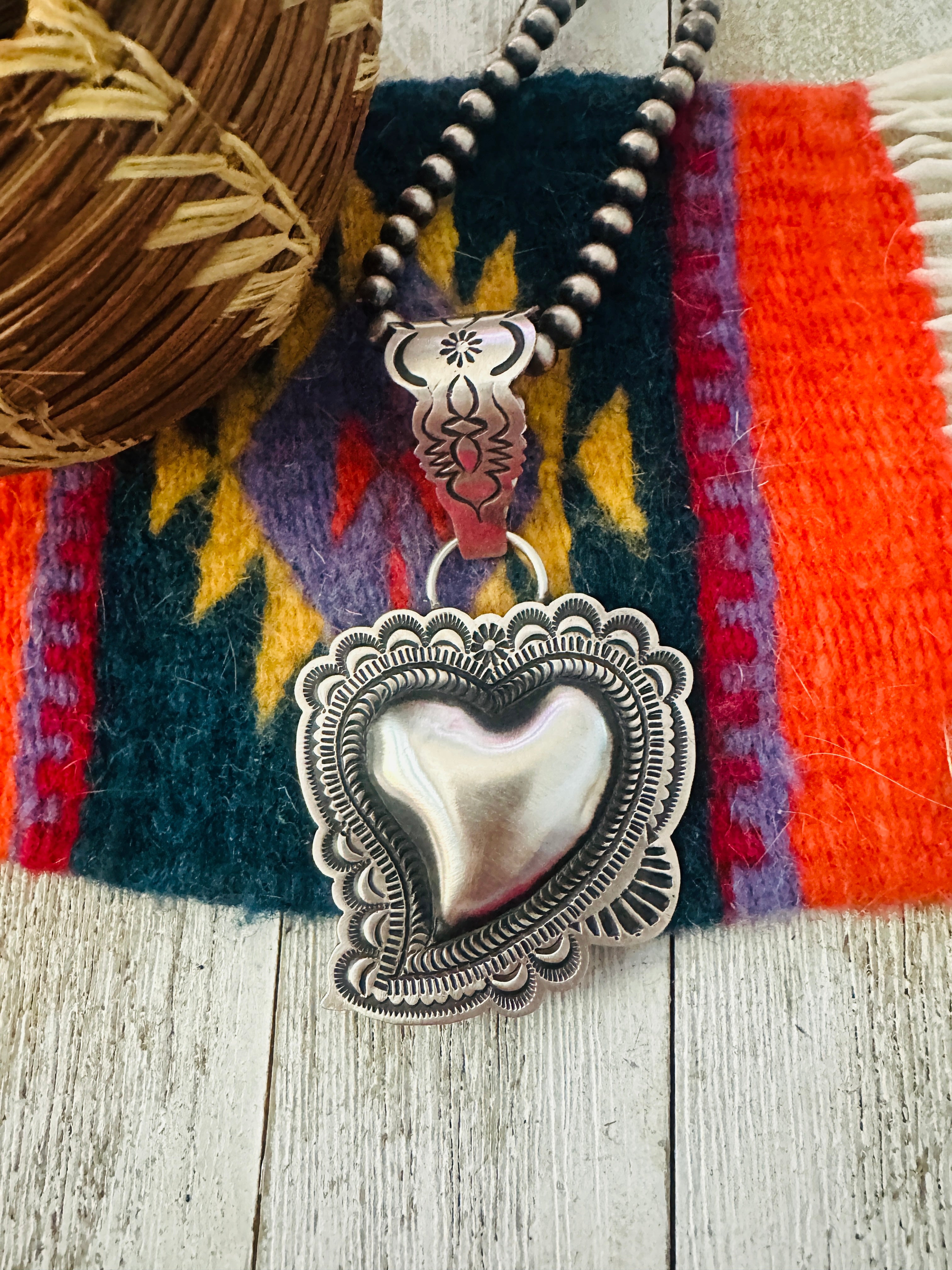 Handcrafted Sterling Silver Heart Concho Pendant by Leander Tahe