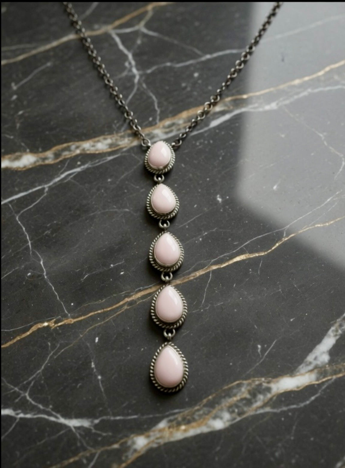 Handcrafted Queen Pink Conch & Sterling Silver 5 Teardrop Necklace