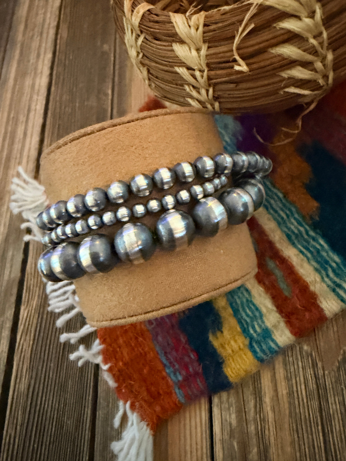 Handcrafted Sterling Silver Pearl Triple Strand Beaded Bracelet 8"