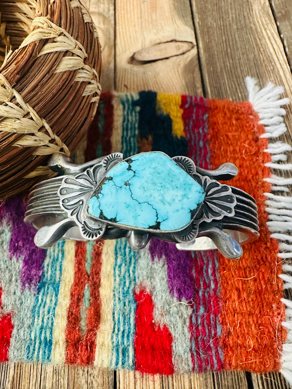 Handcrafted Old Pawn Turquoise & Sterling Silver Cuff Bracelet by Haro